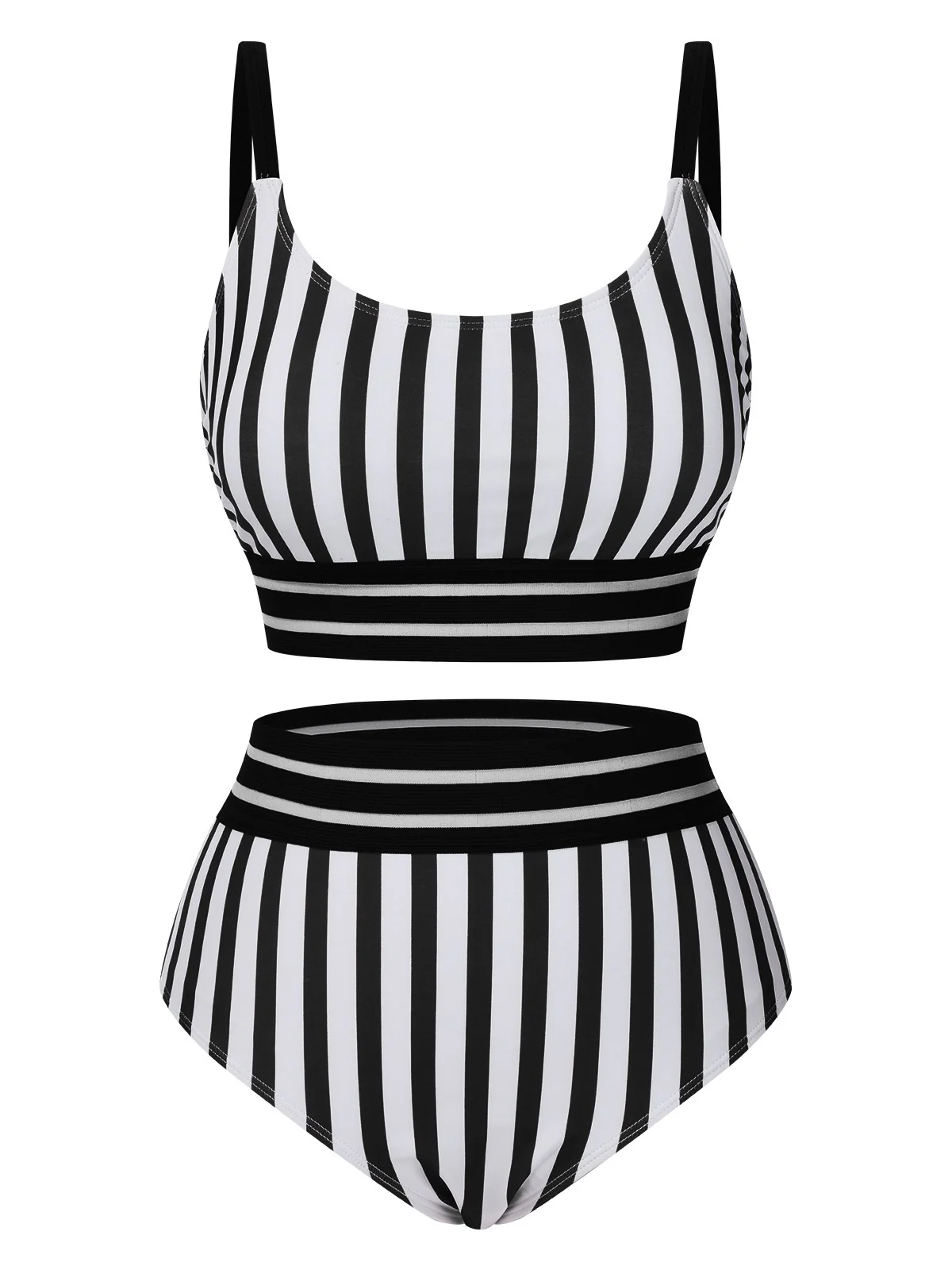1950s U-Neck Vertical Stripes Straps Swimsuit - Image 4