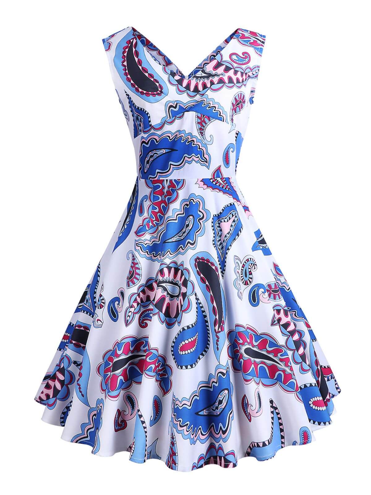 1950s V-Neck All Over Print Swing Dress - Image 3