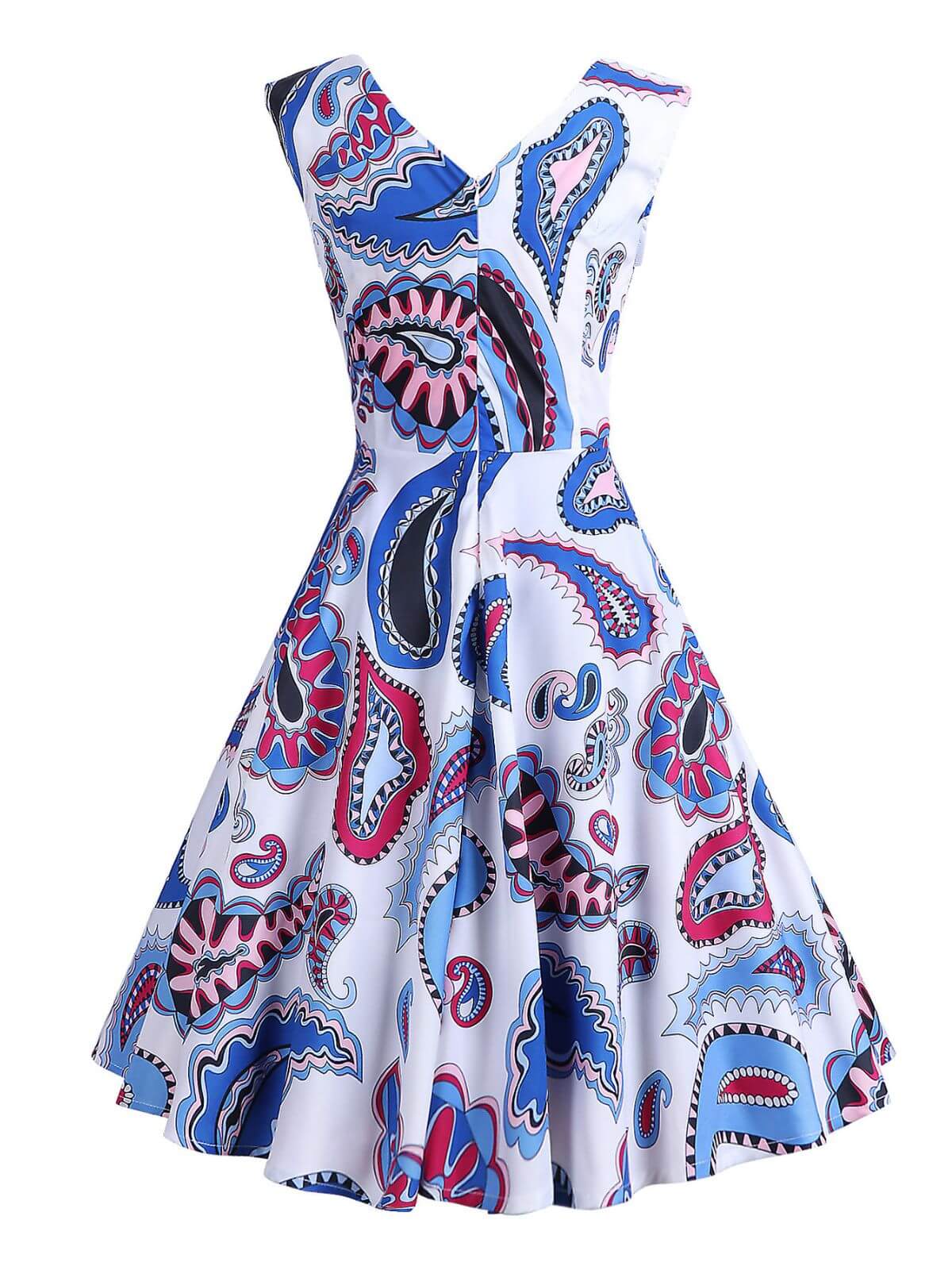 1950s V-Neck All Over Print Swing Dress - Image 4