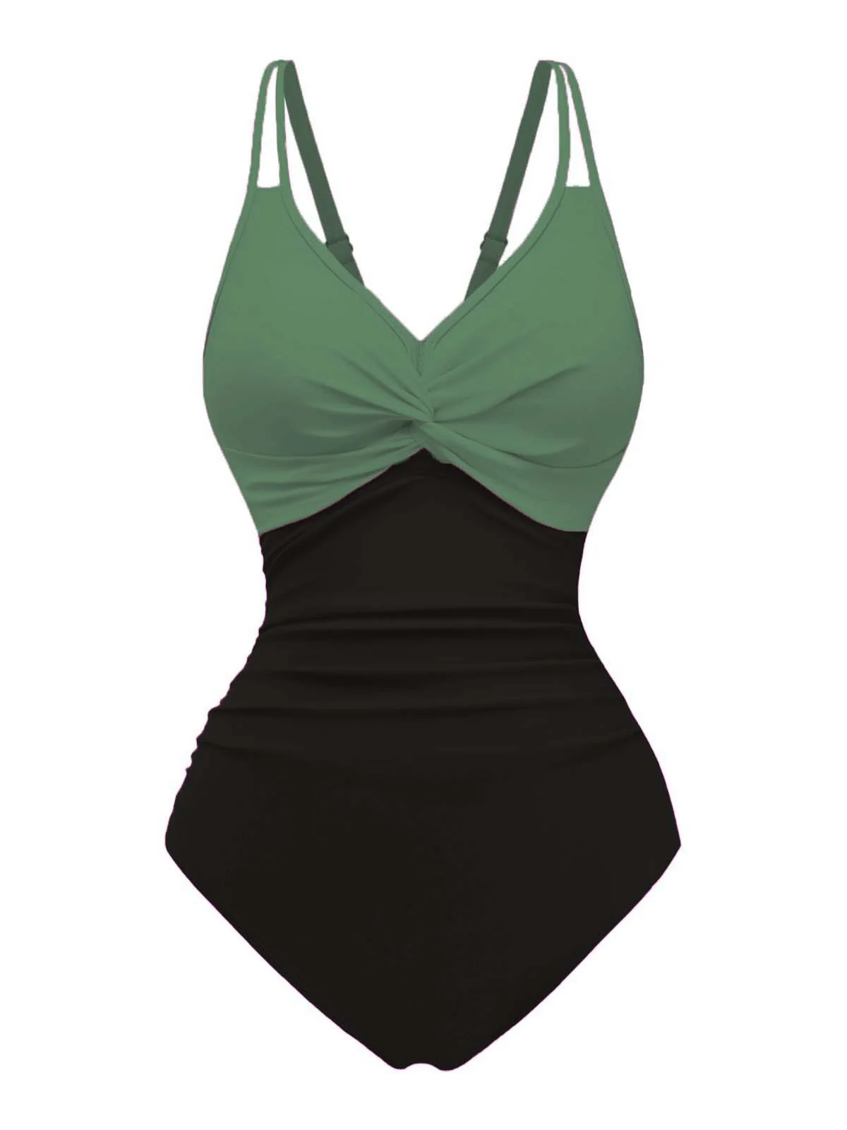 1950s V-Neck Color Patchwork One-Piece Swimsuit - Image 8