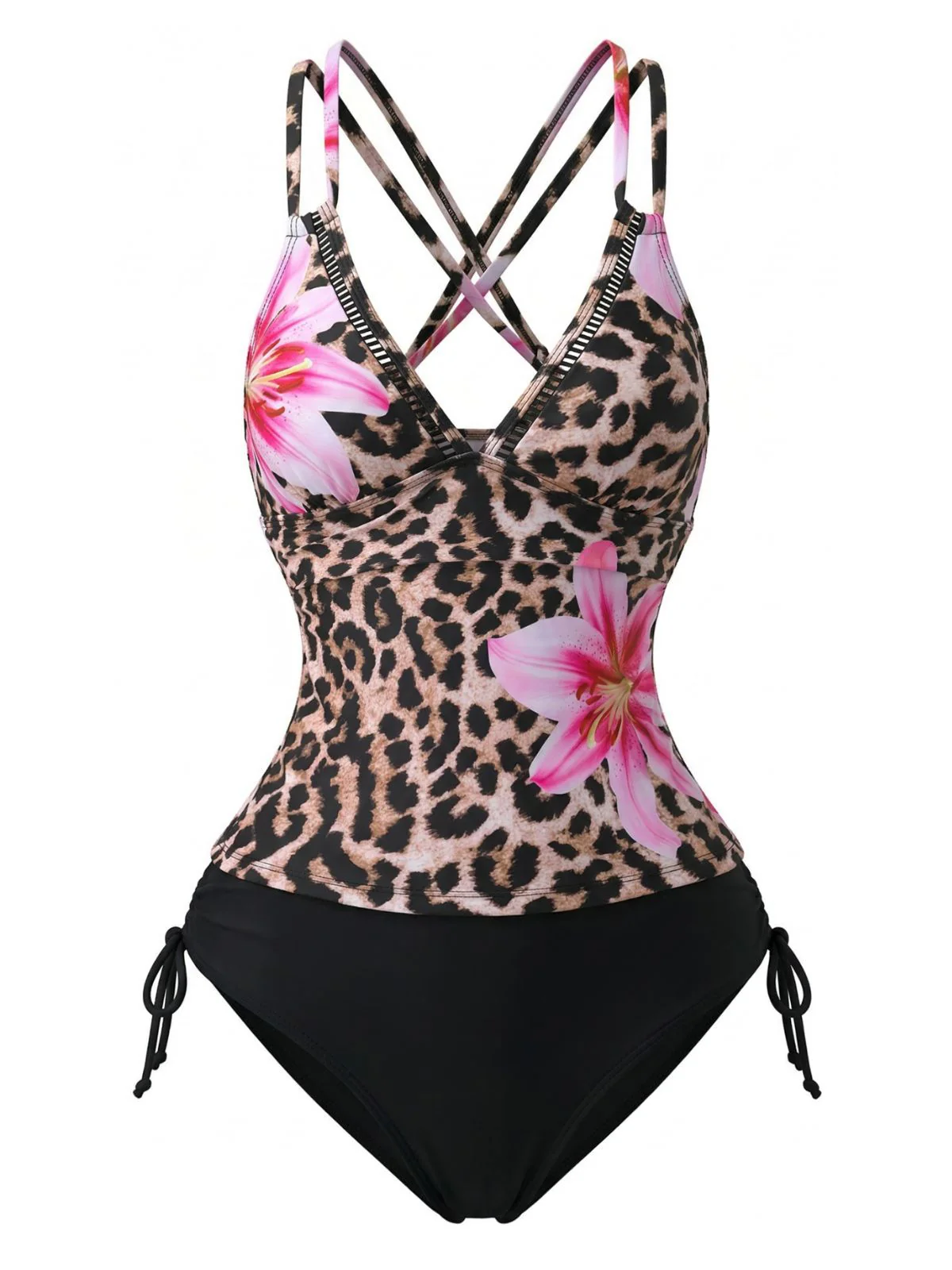 1950s V-Neck Floral Patchwork Tankini Set - Image 2