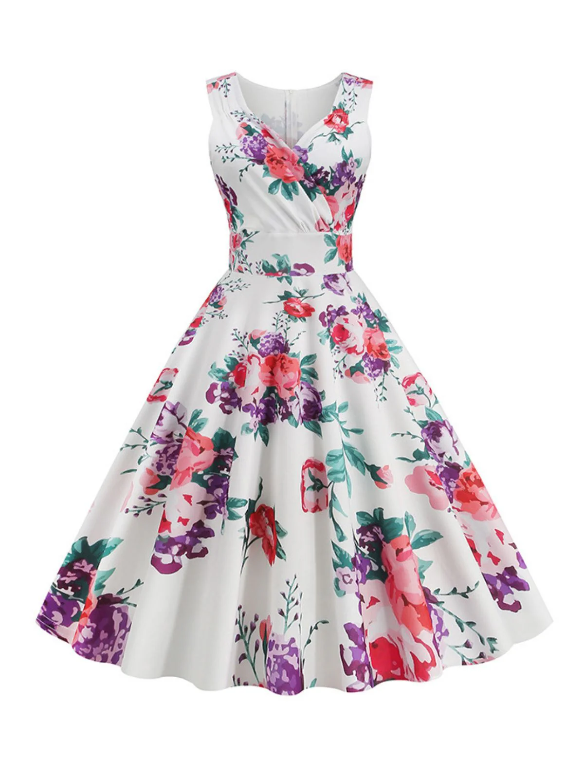 1950s V-Neck Floral Sleeveless Dress - Image 4