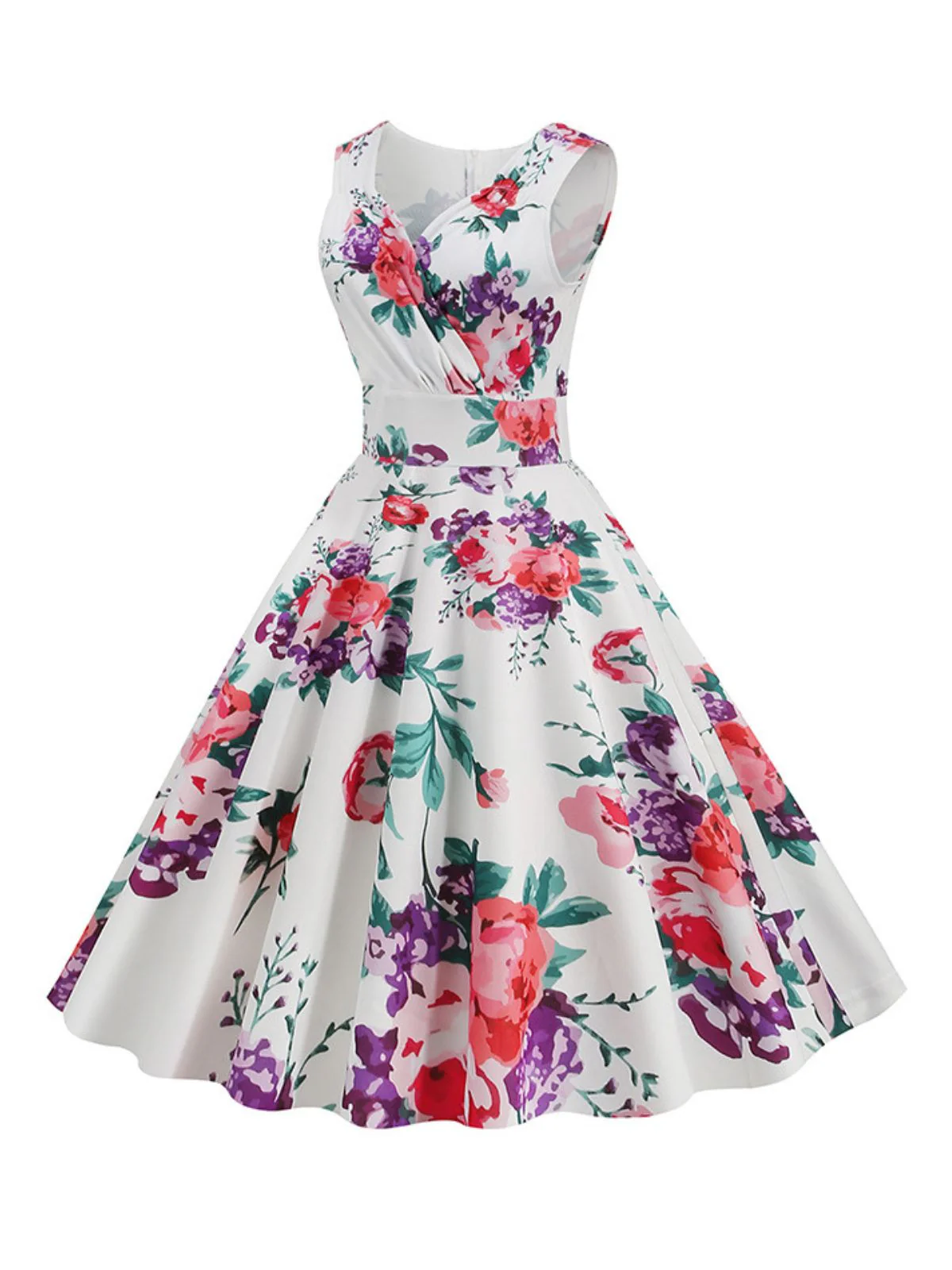 1950s V-Neck Floral Sleeveless Dress - Image 7