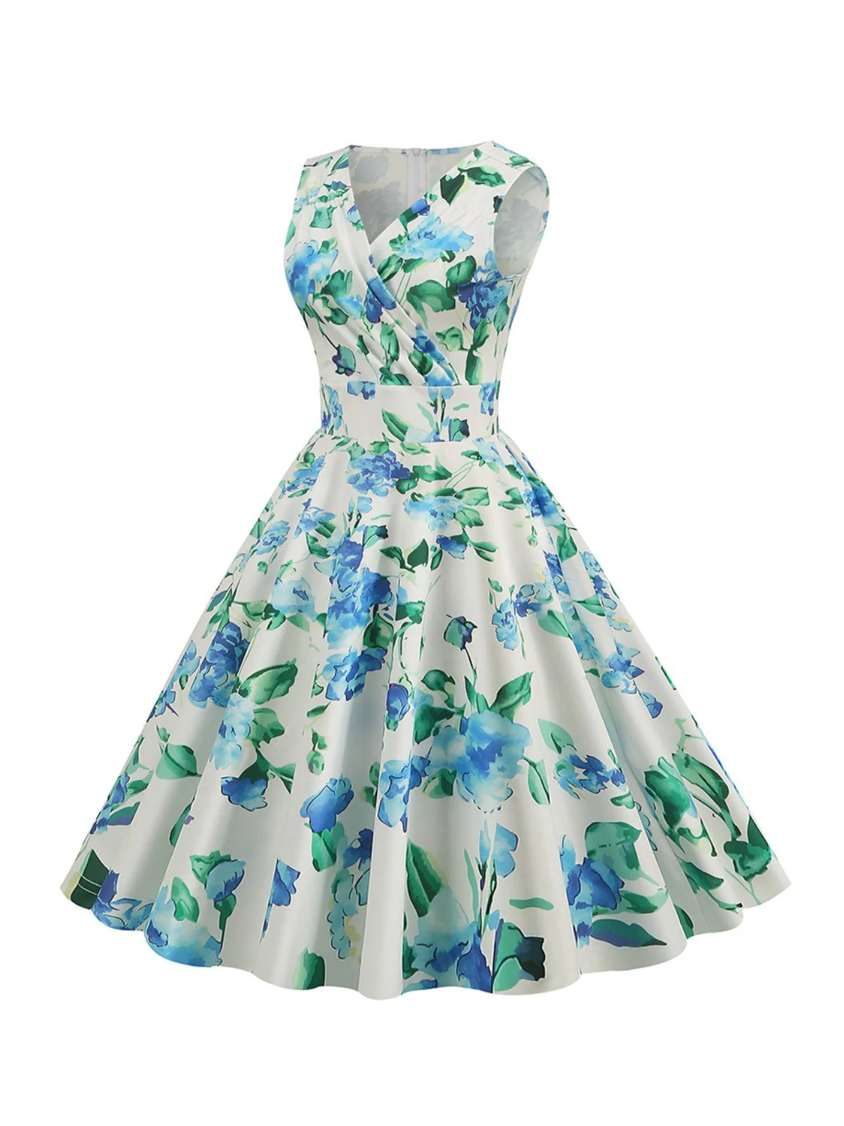 1950s V-Neck Floral Sleeveless Dress - Image 8