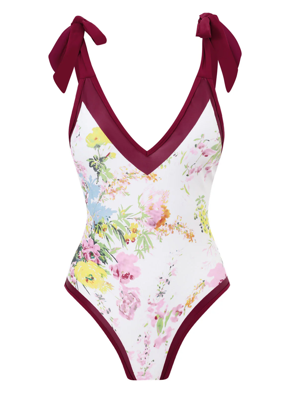 1950s V-Neck Flowers Lacing Swimsuit - Image 3