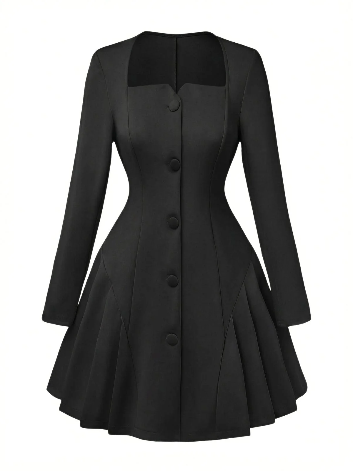 1950s Sweetheart Neck Long Sleeve Solid Pleated Dress - Image 9