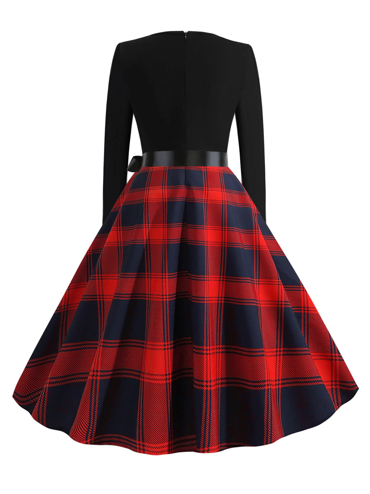1950s V-Neck Long Sleeves Plaid Swing Dress - Image 2
