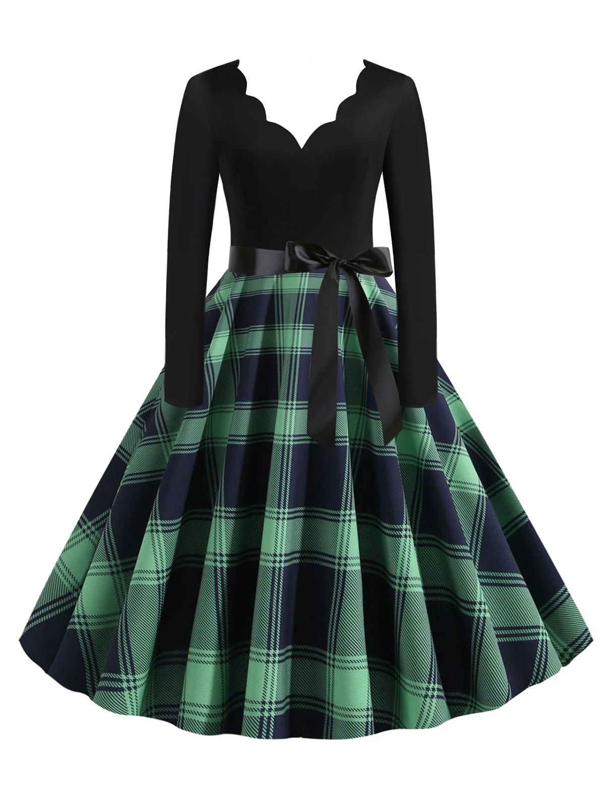 1950s V-Neck Long Sleeves Plaid Swing Dress - Image 3