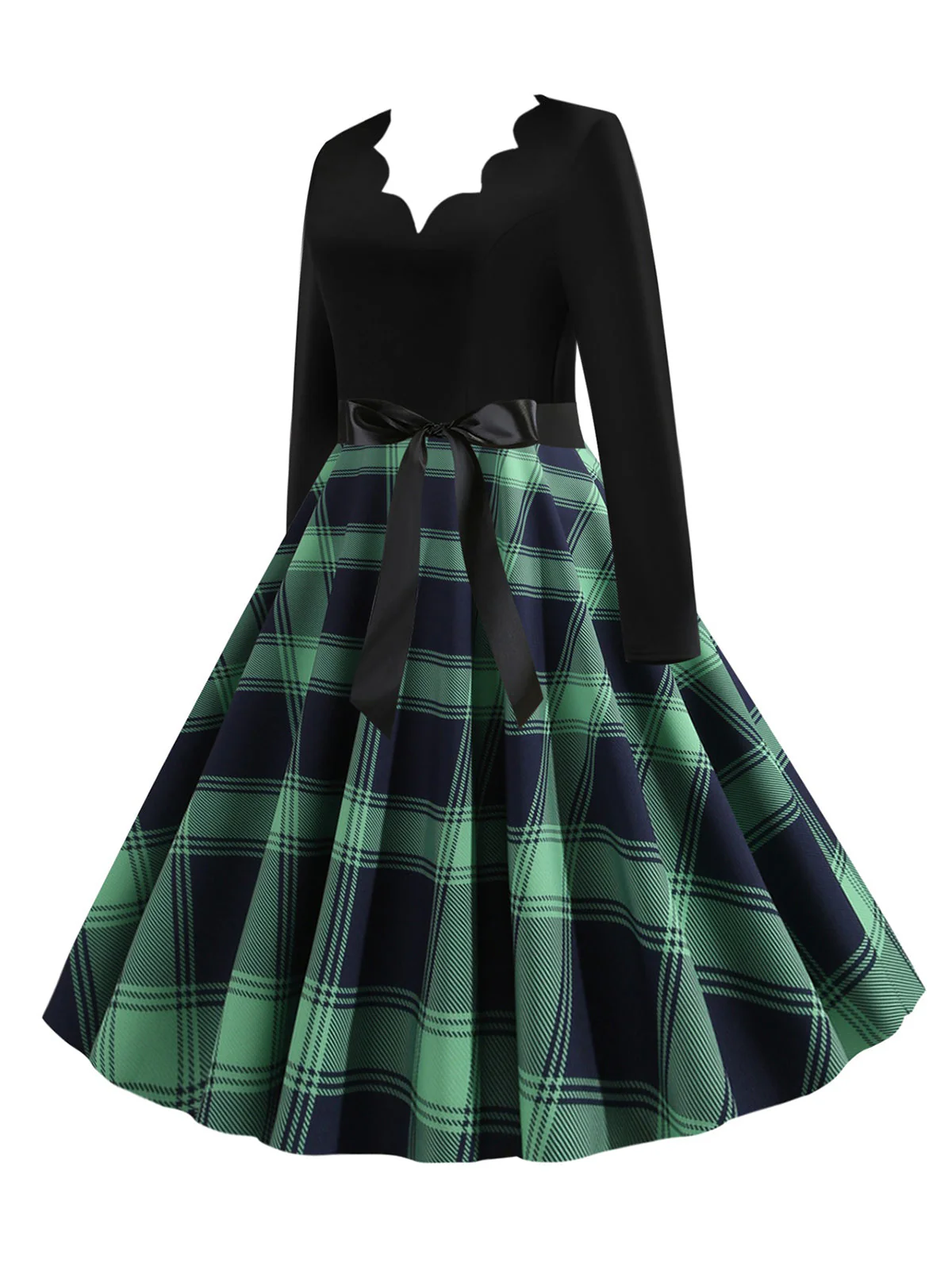 1950s V-Neck Long Sleeves Plaid Swing Dress - Image 4