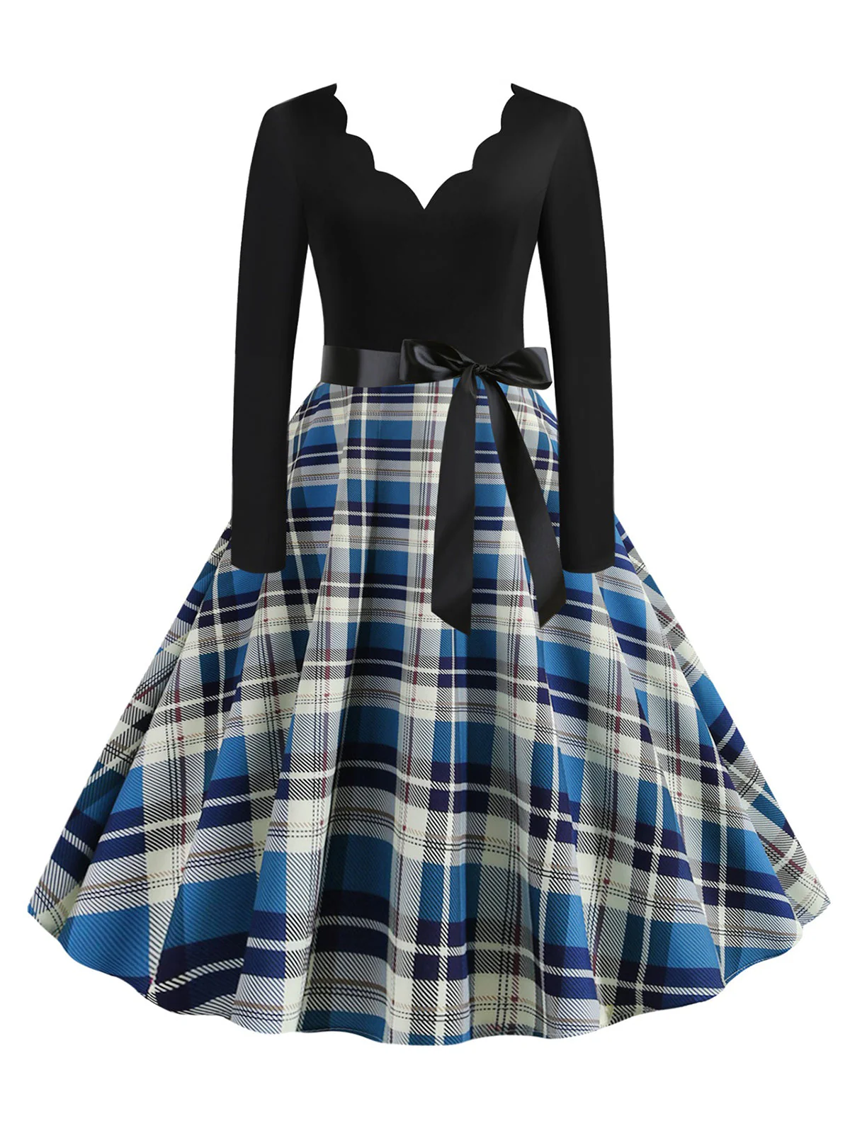 1950s V-Neck Long Sleeves Plaid Swing Dress - Image 8