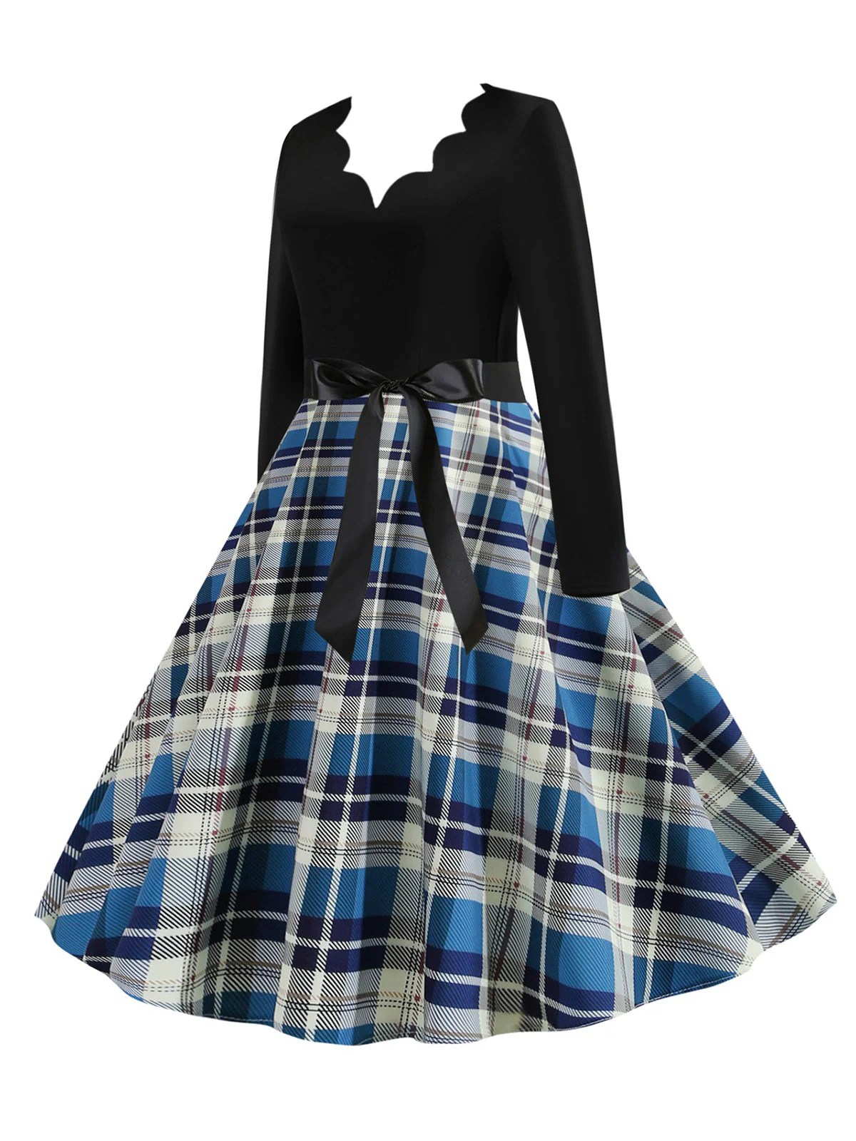1950s V-Neck Long Sleeves Plaid Swing Dress - Image 9