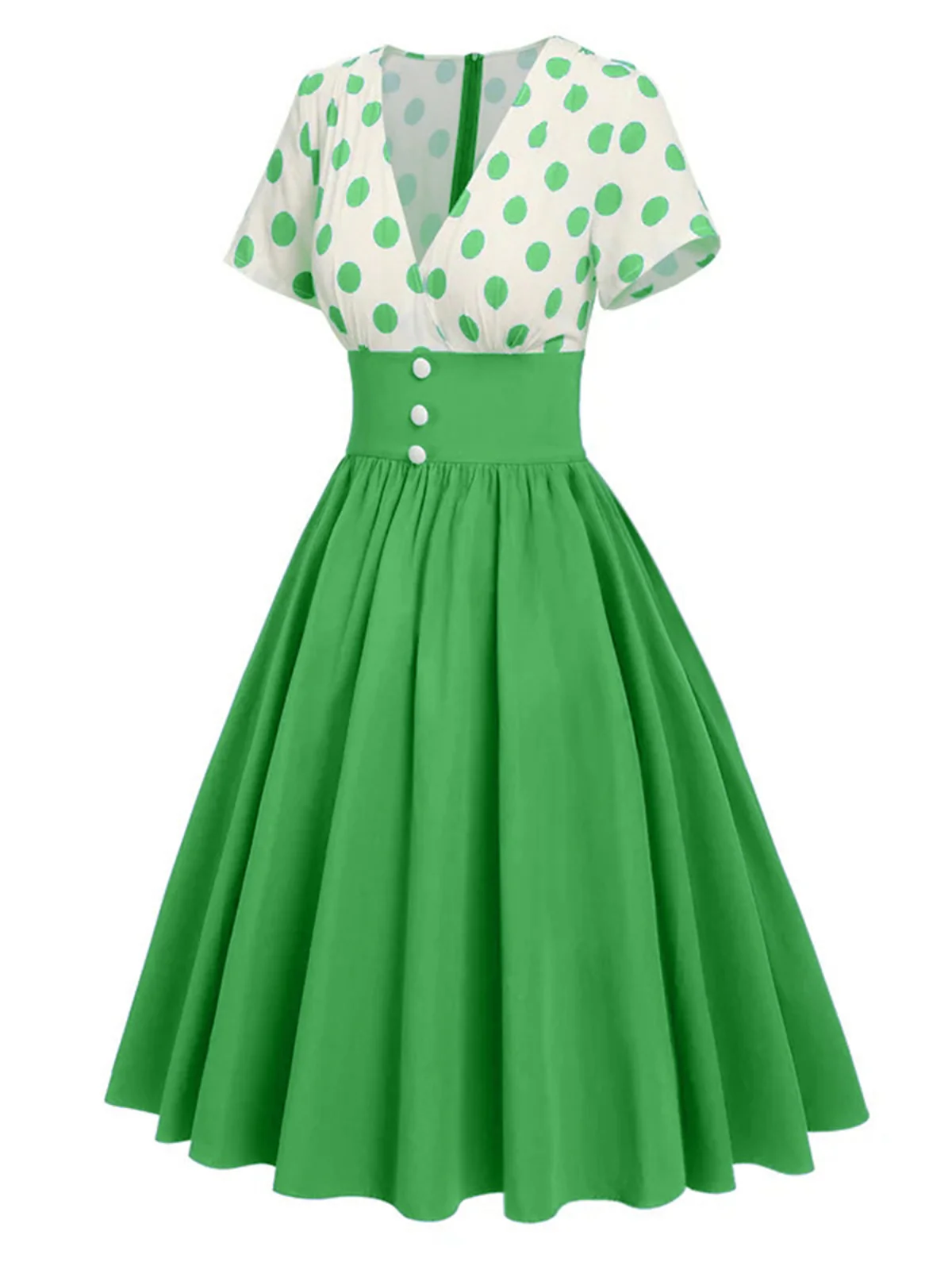 1950s V-Neck Polka Dots Swing Dress - Image 2