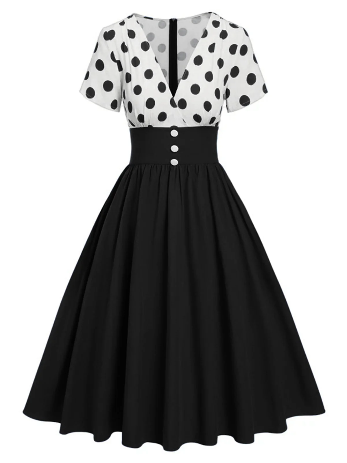 1950s V-Neck Polka Dots Swing Dress - Image 4
