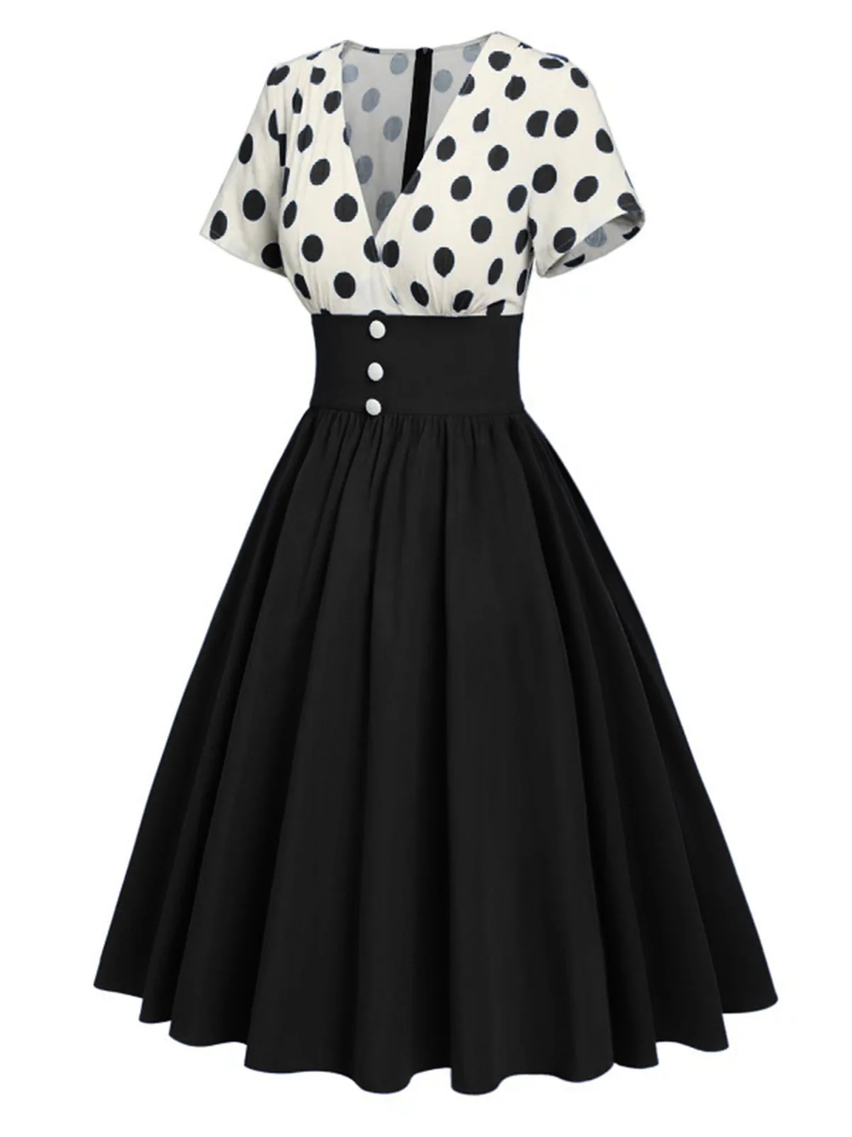 1950s V-Neck Polka Dots Swing Dress - Image 5