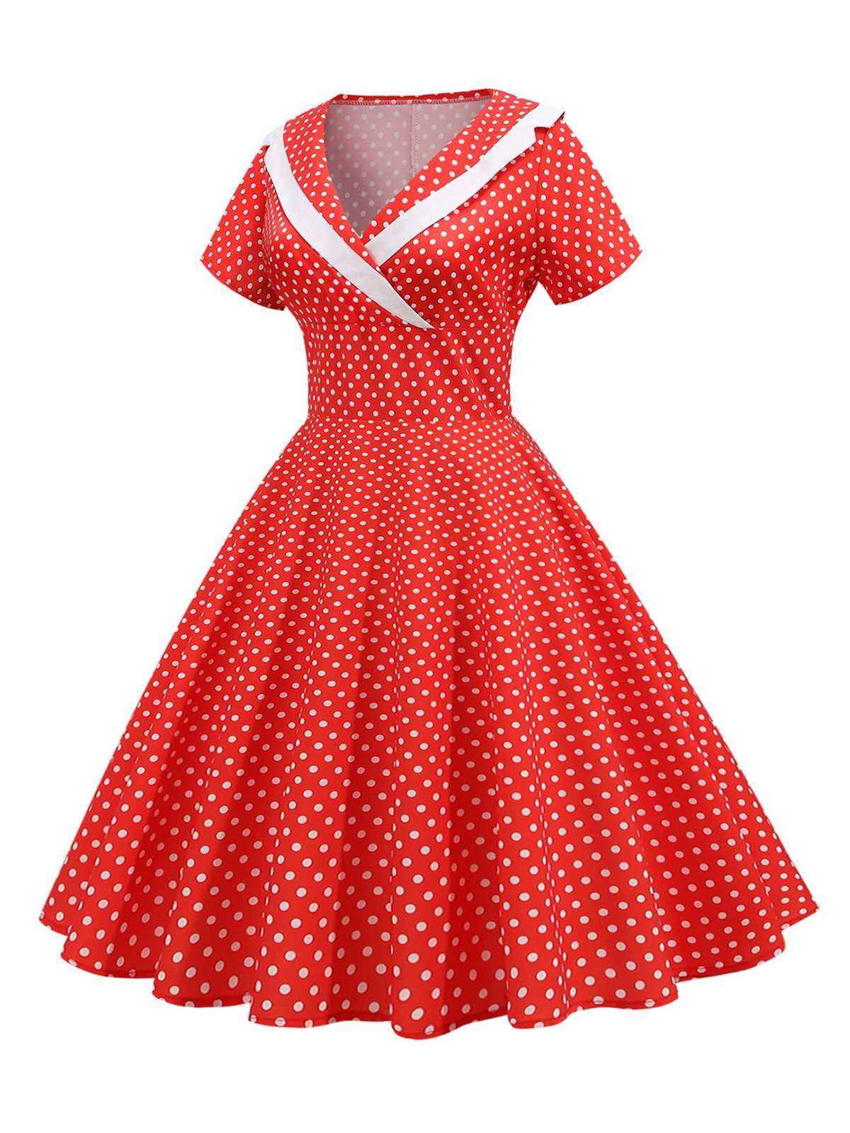 1950s V-Neck Polka Dots Swing Dress - Image 2