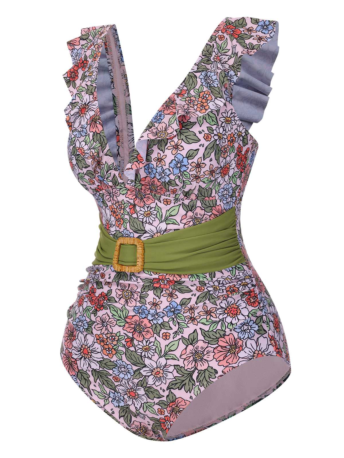 1950s V-Neck Ruffle Shoulder Belted Swimsuit - Image 2