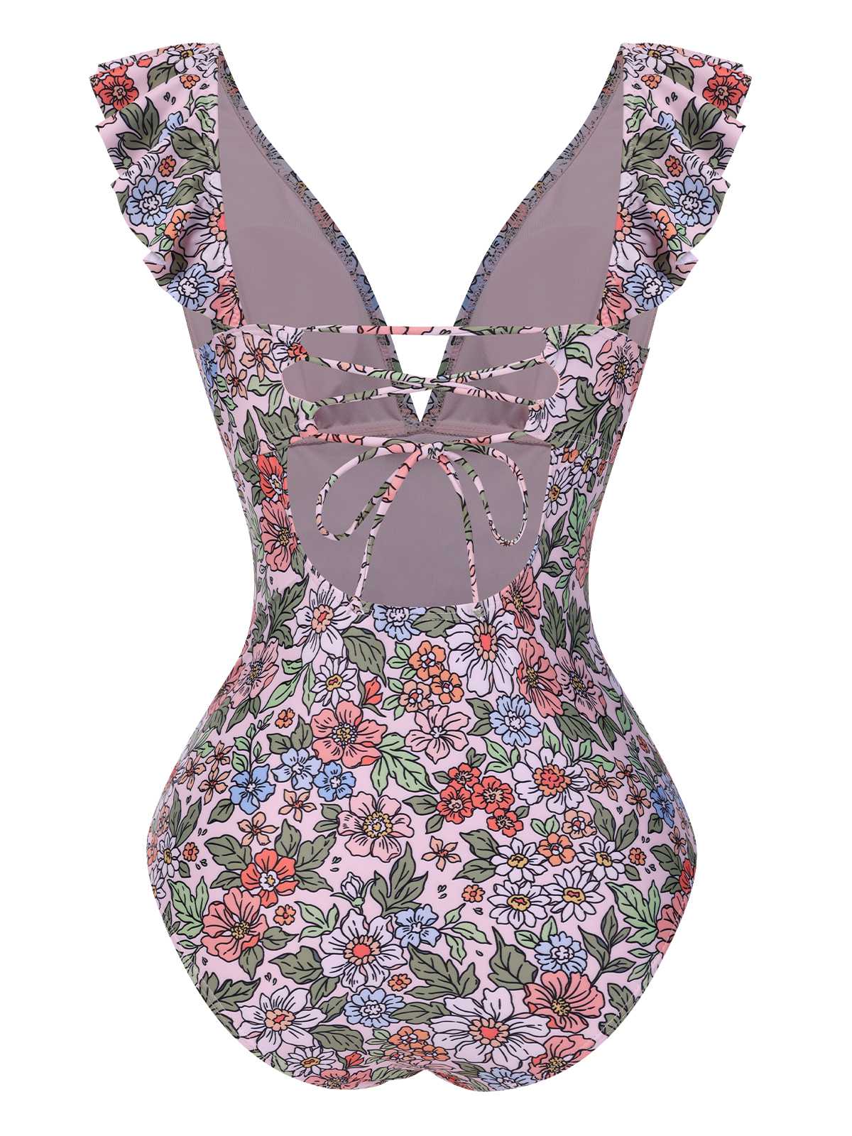 1950s V-Neck Ruffle Shoulder Belted Swimsuit - Image 3