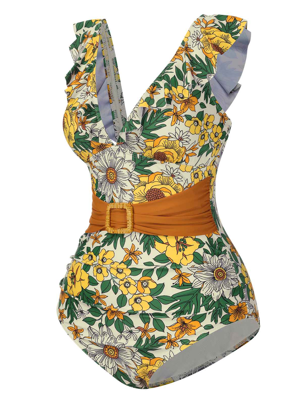 1950s V-Neck Ruffle Shoulder Belted Swimsuit - Image 6