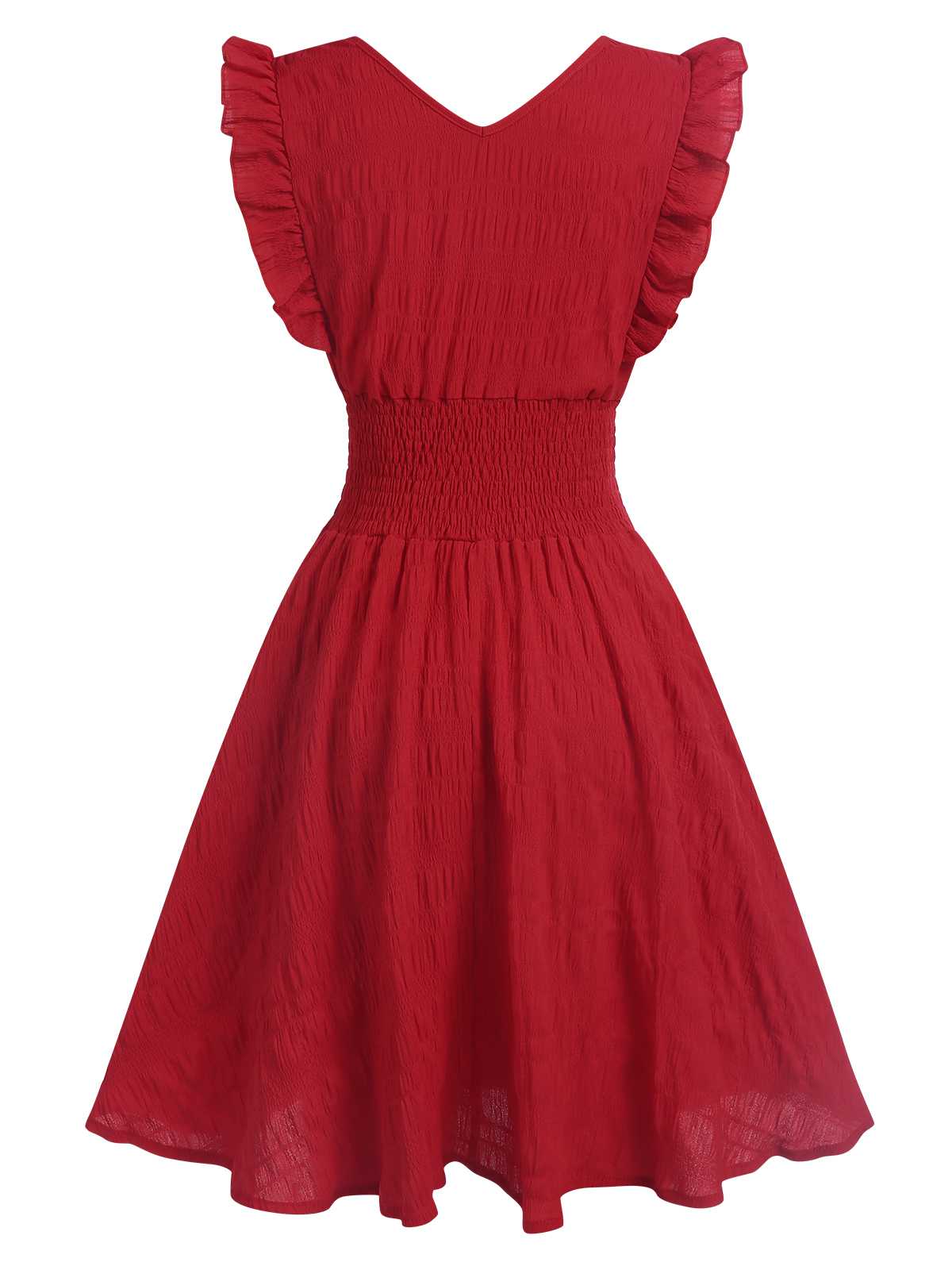1950s V-Neck Smocked Waist Ruffles Sleeveless Dress - Image 2