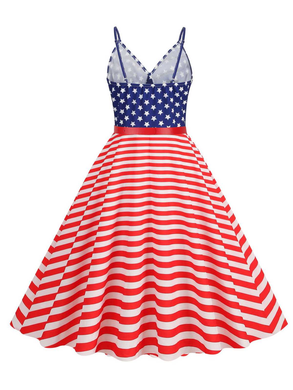 1950s V-Neck Star Stripes Flag Belted Swing Dress - Image 2