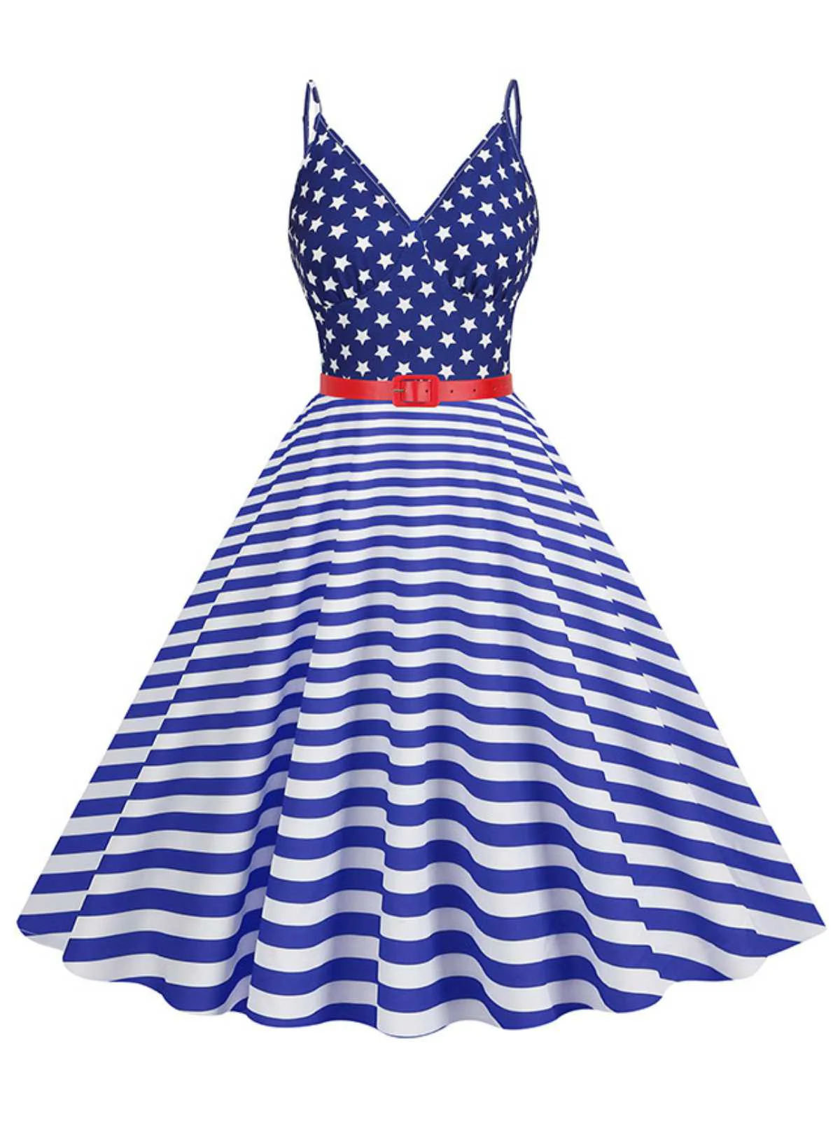 1950s V-Neck Star Stripes Flag Belted Swing Dress - Image 3