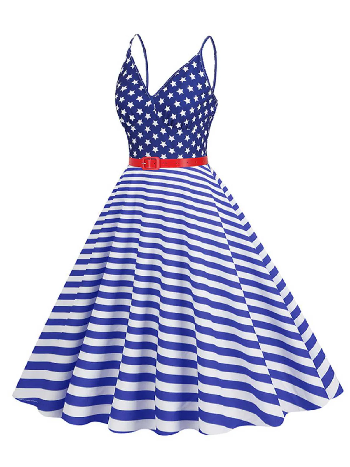1950s V-Neck Star Stripes Flag Belted Swing Dress - Image 4