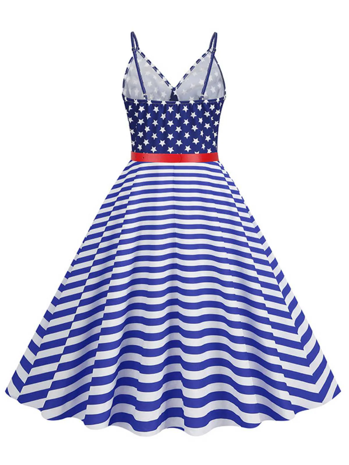 1950s V-Neck Star Stripes Flag Belted Swing Dress - Image 5