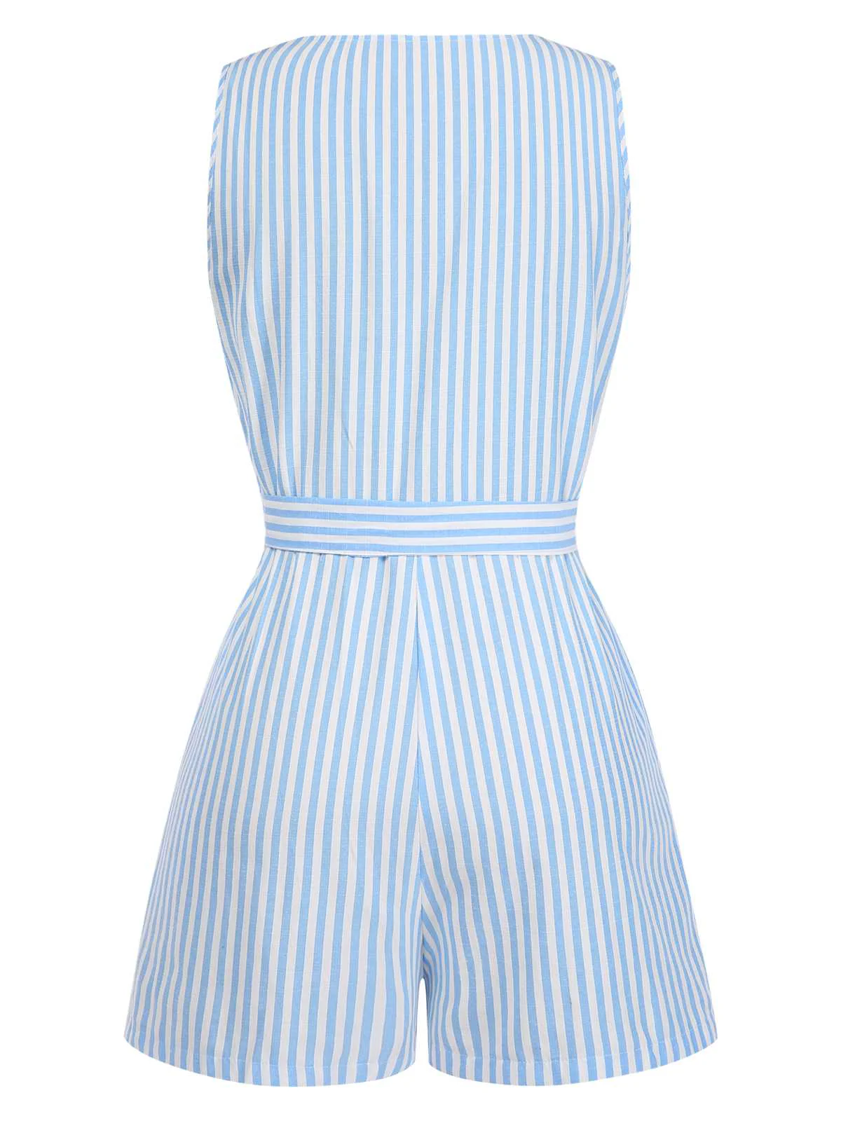 1950s V-Neck Stripes Sleeveless Belted Romper - Image 2