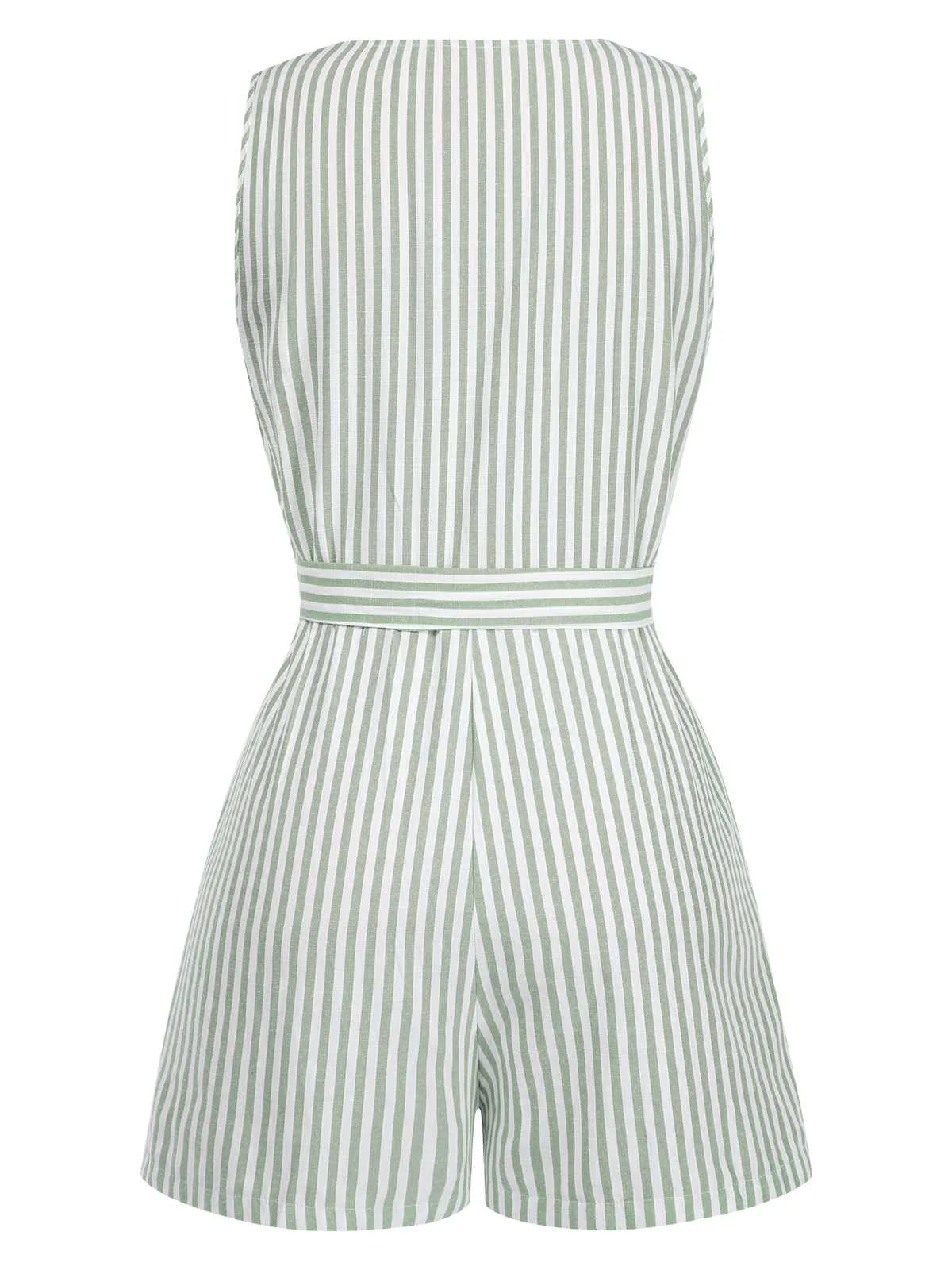 1950s V-Neck Stripes Sleeveless Belted Romper - Image 5