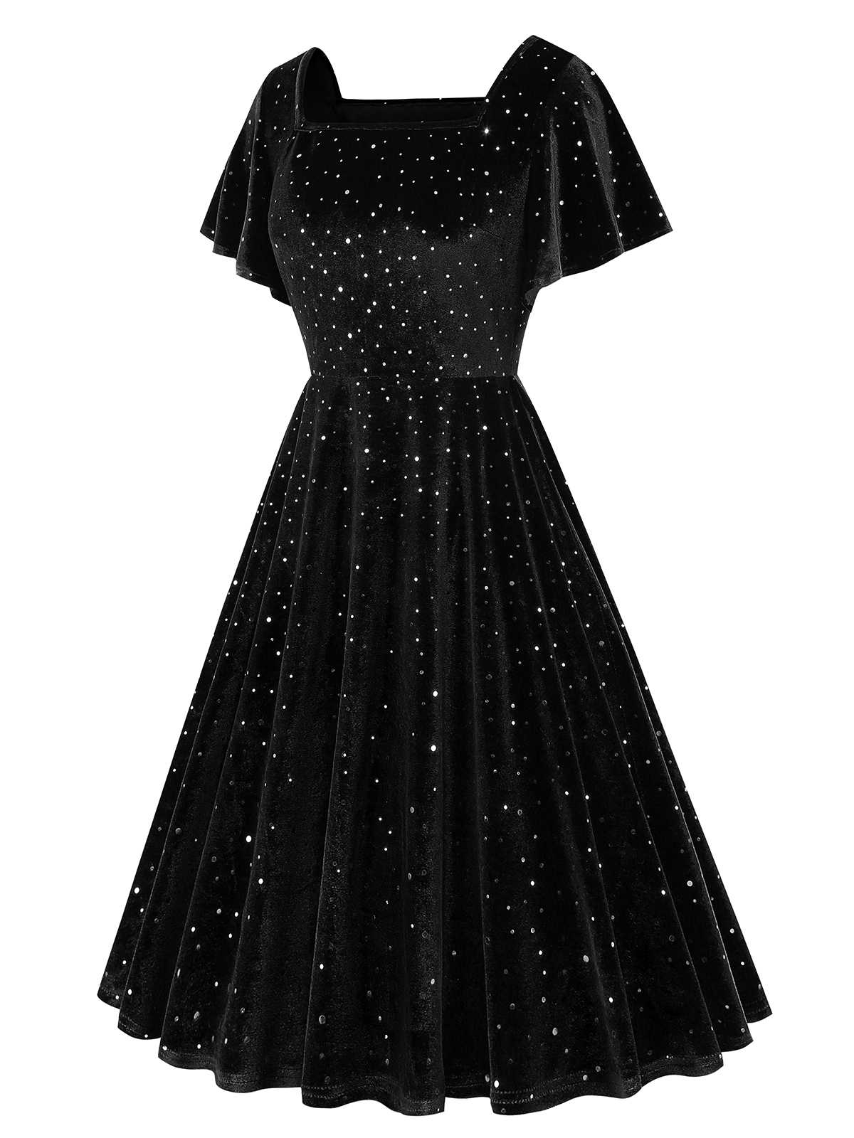 1950s Velvet Sparkling Solid A-Line Dress - Image 13