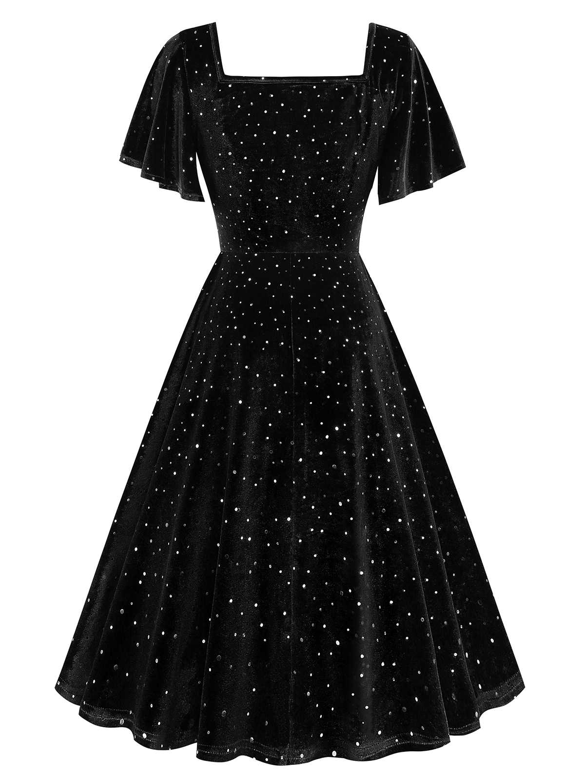 1950s Velvet Sparkling Solid A-Line Dress - Image 14