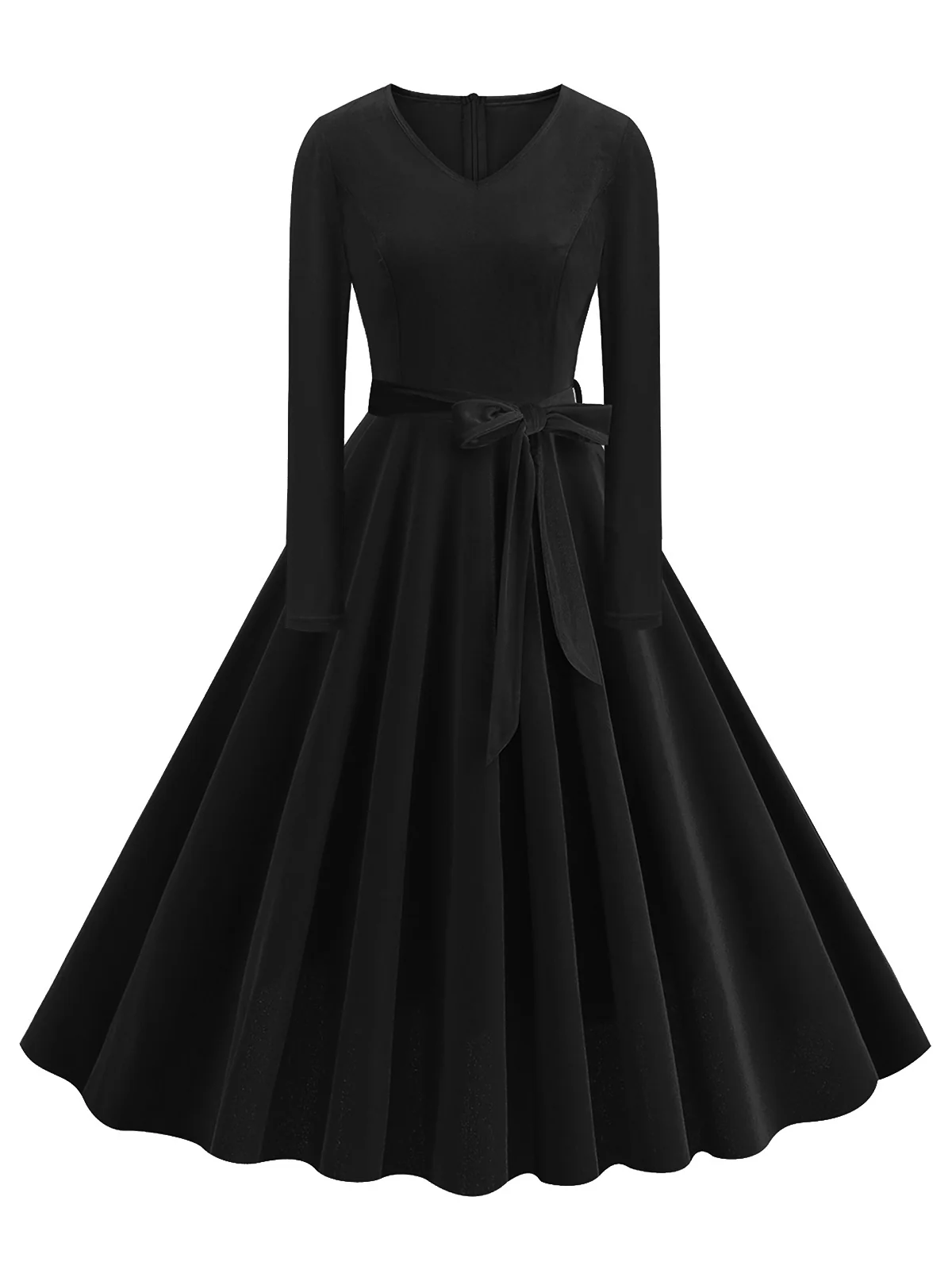 1950s Solid Velvet V-Neck Swing Dress - Image 6