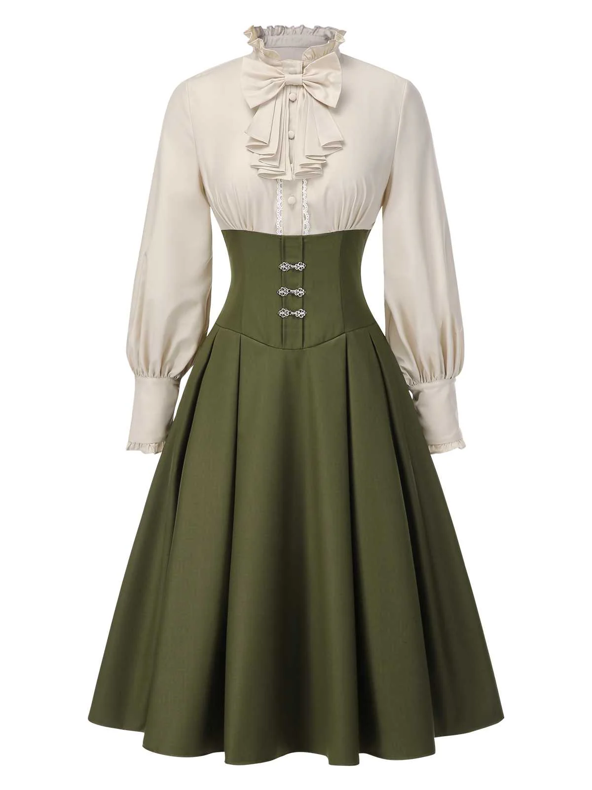 1950s Victorian Bow Tie Ruffled Long Sleeve Dress - Image 2