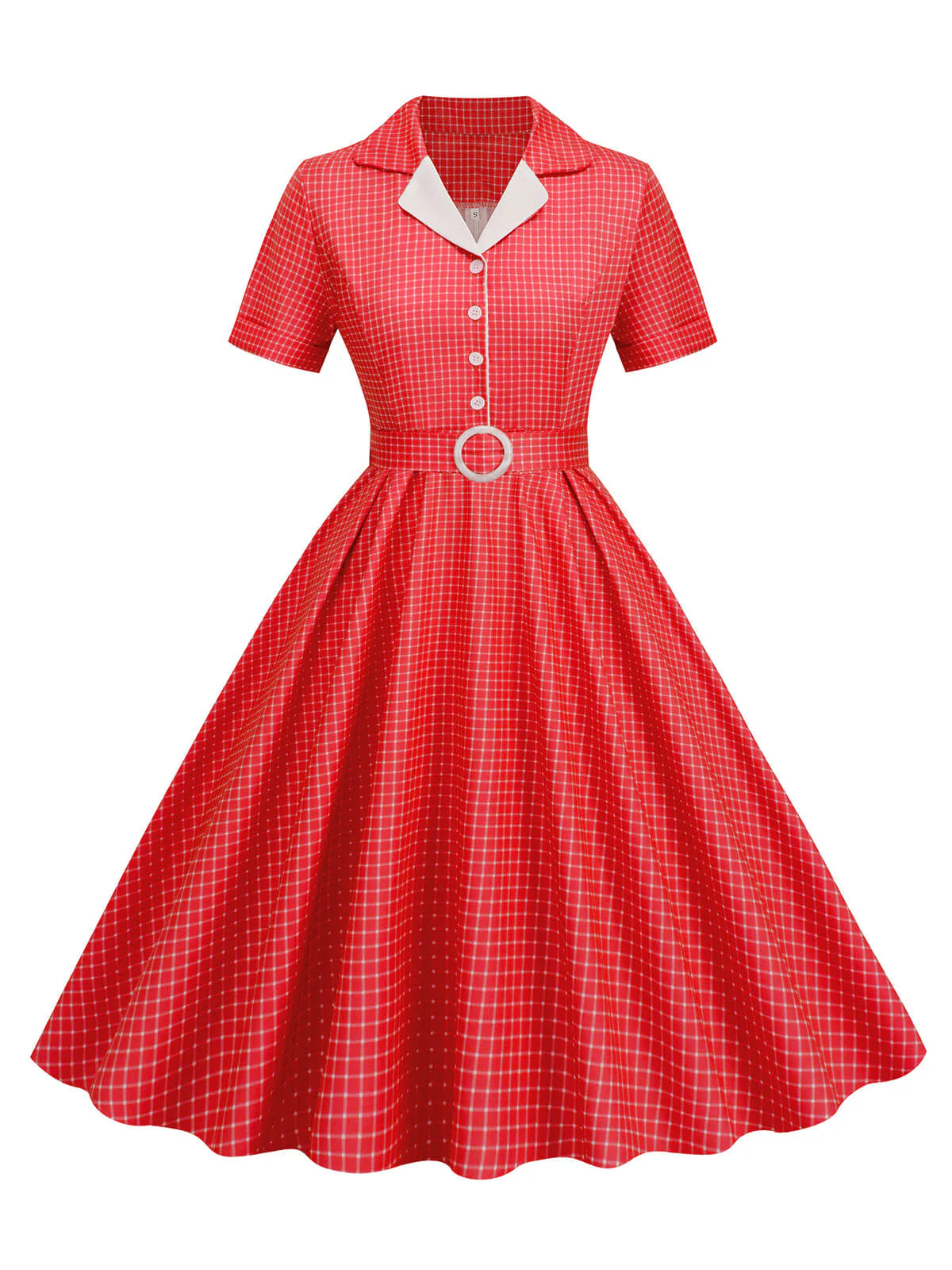 1950s Window Pane Plaid Lapel Swing Dress - Image 4