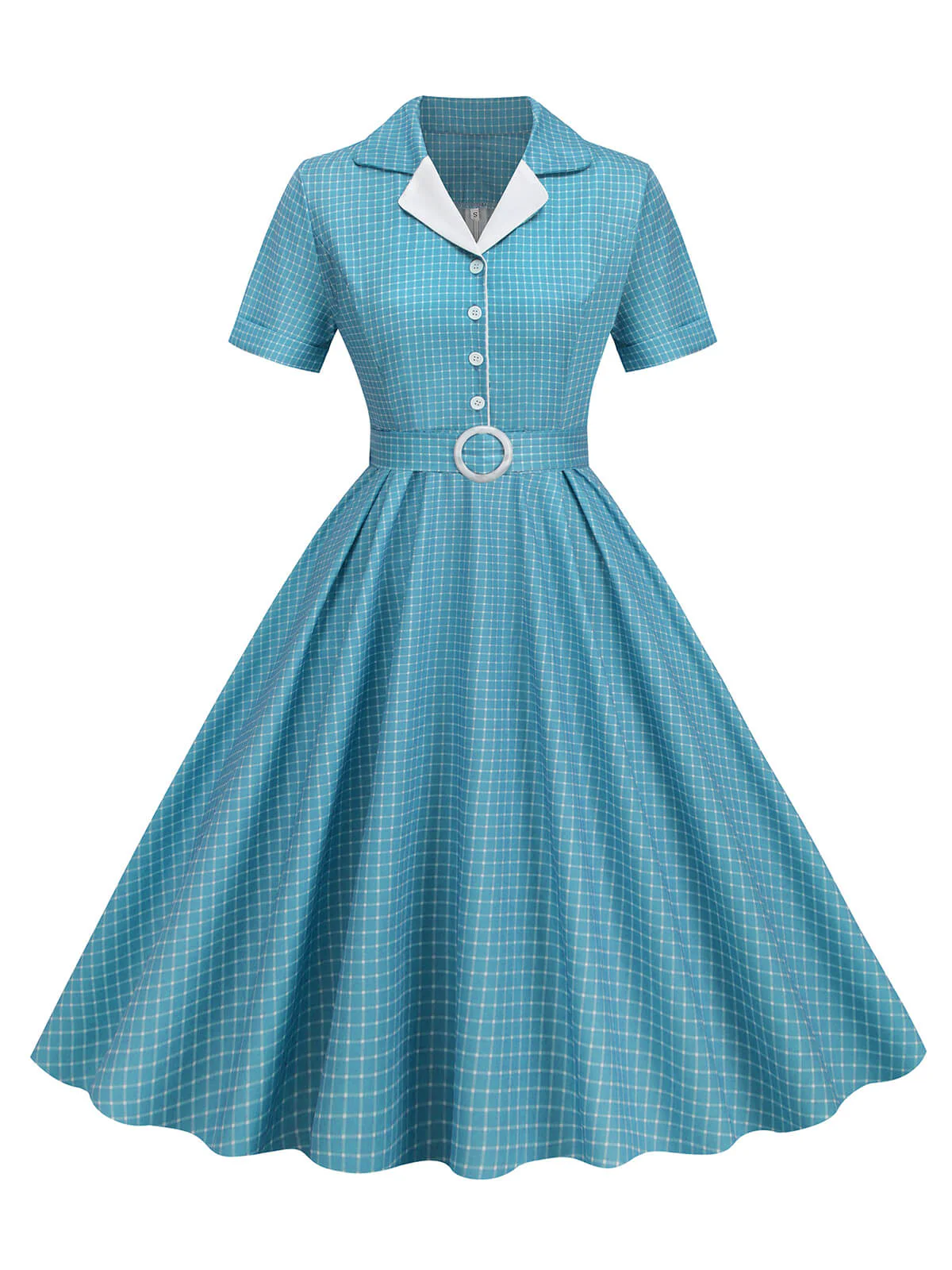 1950s Window Pane Plaid Lapel Swing Dress - Image 5