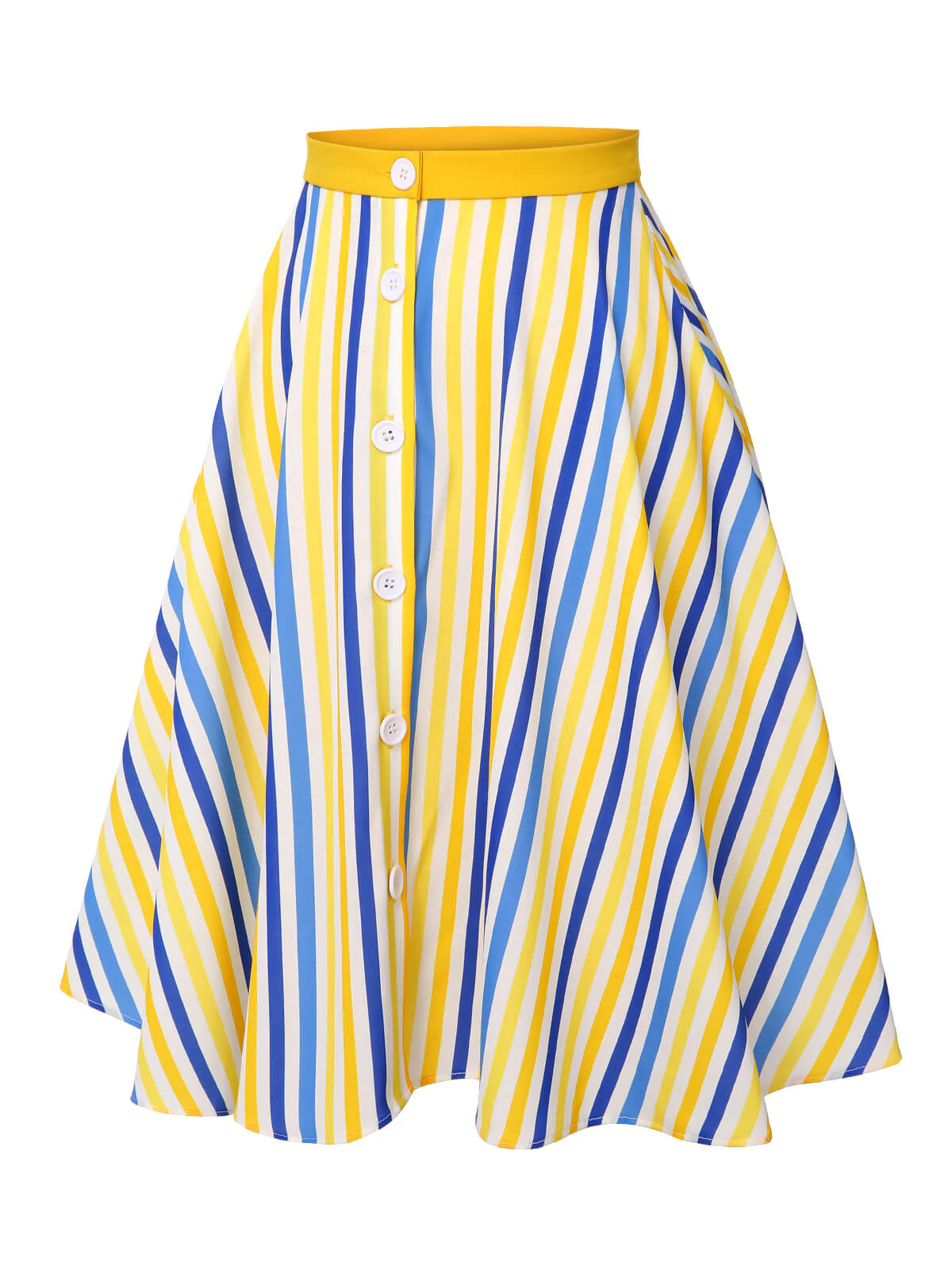 1950s Yellow White Blue Striped Button Skirt - Image 3