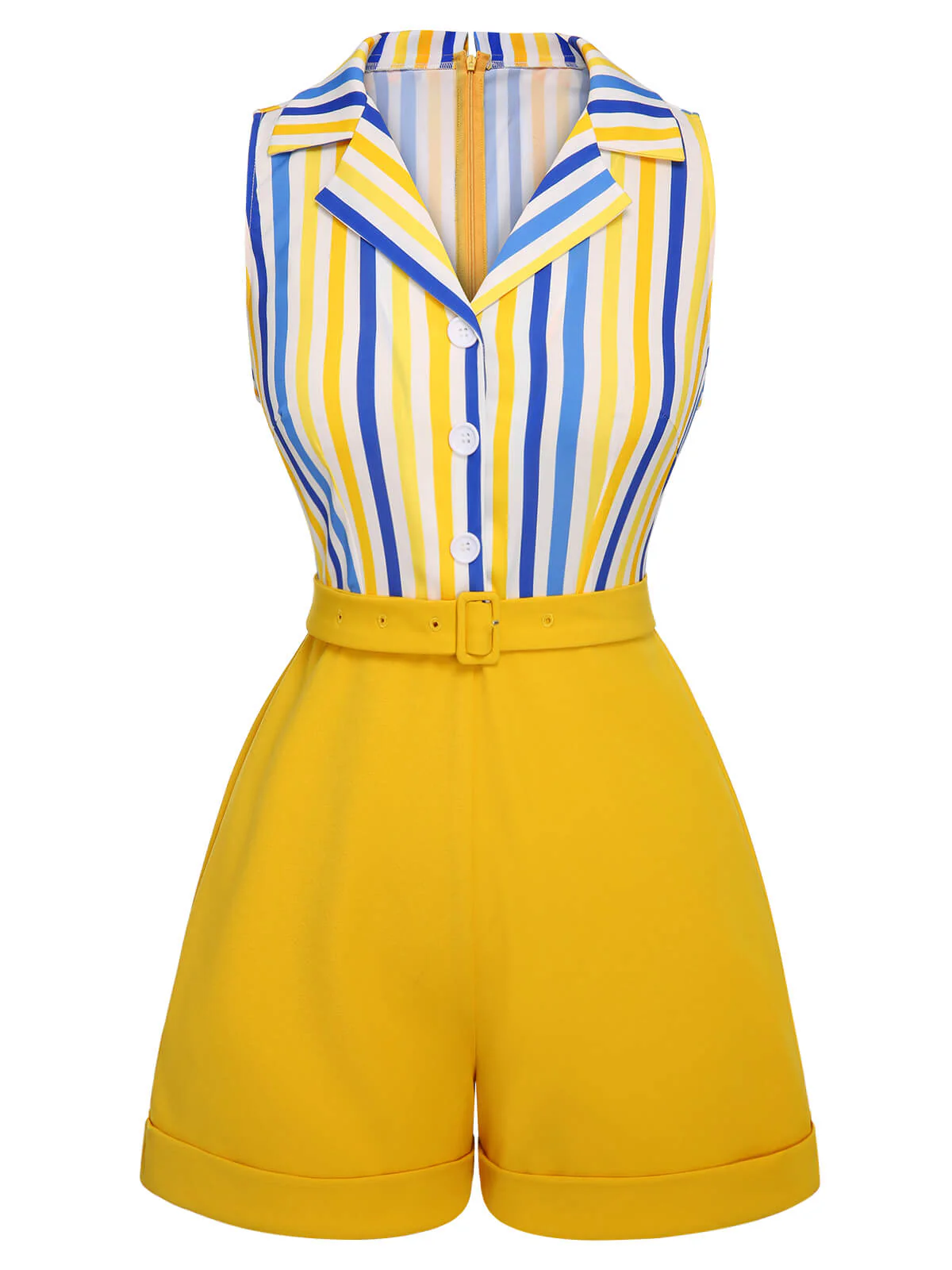 1950s Yellow White Blue Striped Lapel Romper - Image 2