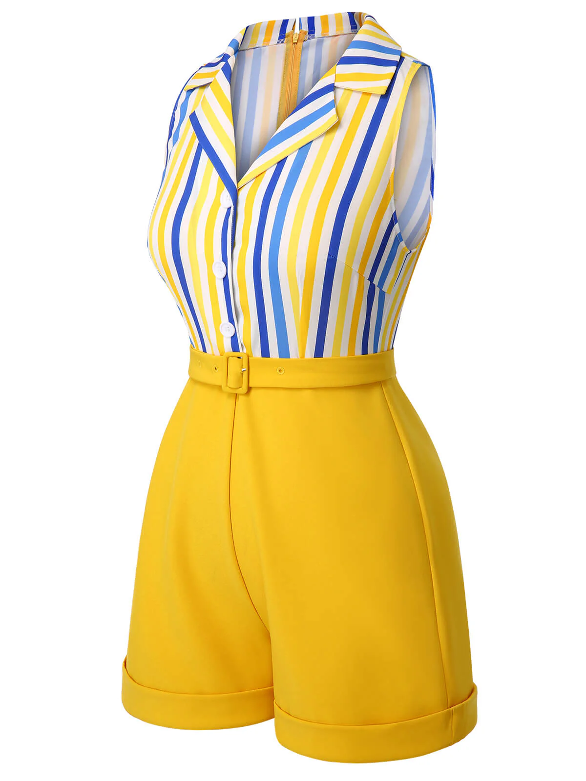 1950s Yellow White Blue Striped Lapel Romper - Image 3