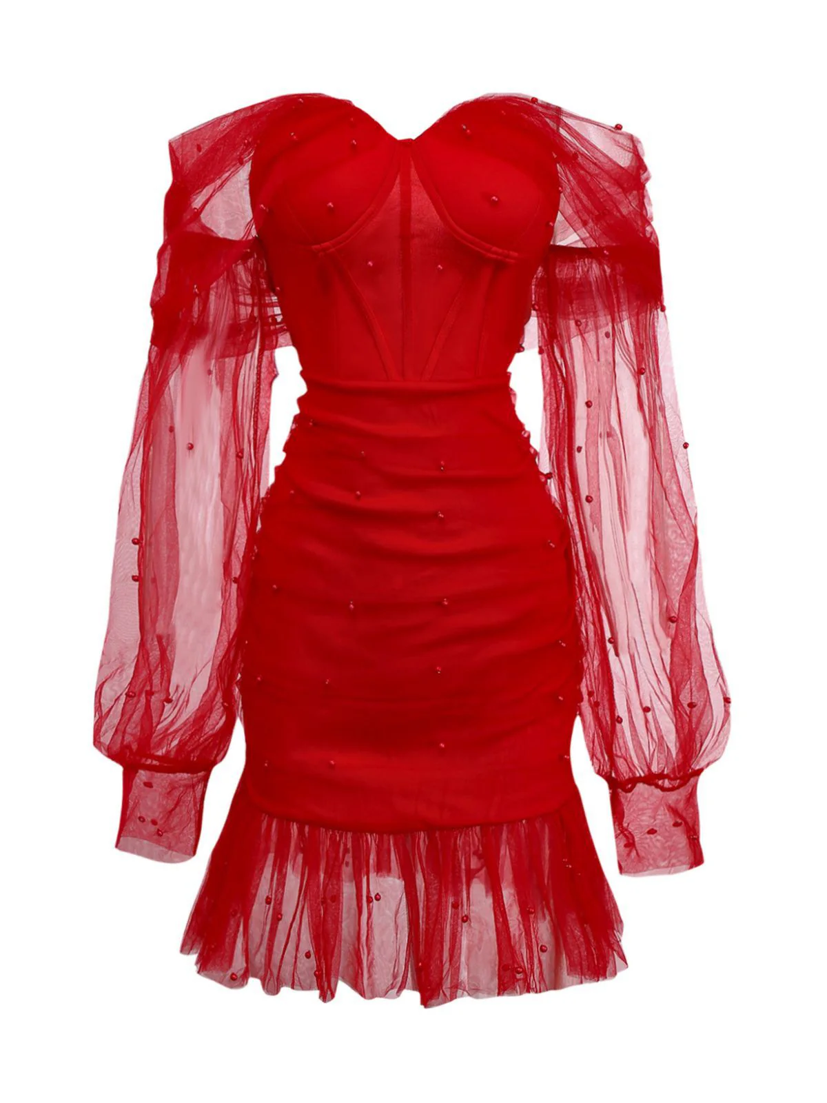 1960s Beading Sweetheart Neck Off-Shoulder Mesh Dress - Image 2