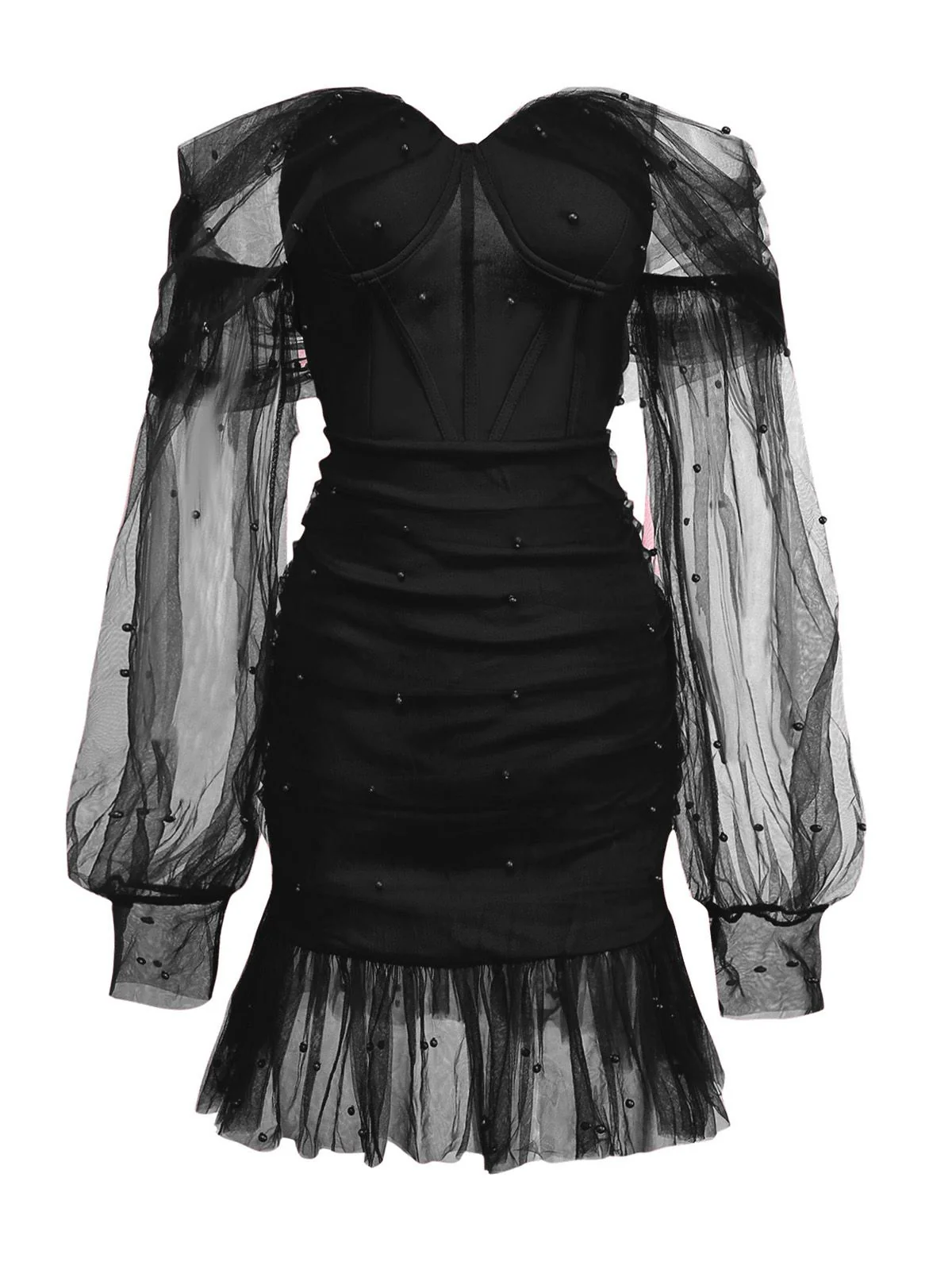 1960s Beading Sweetheart Neck Off-Shoulder Mesh Dress - Image 3