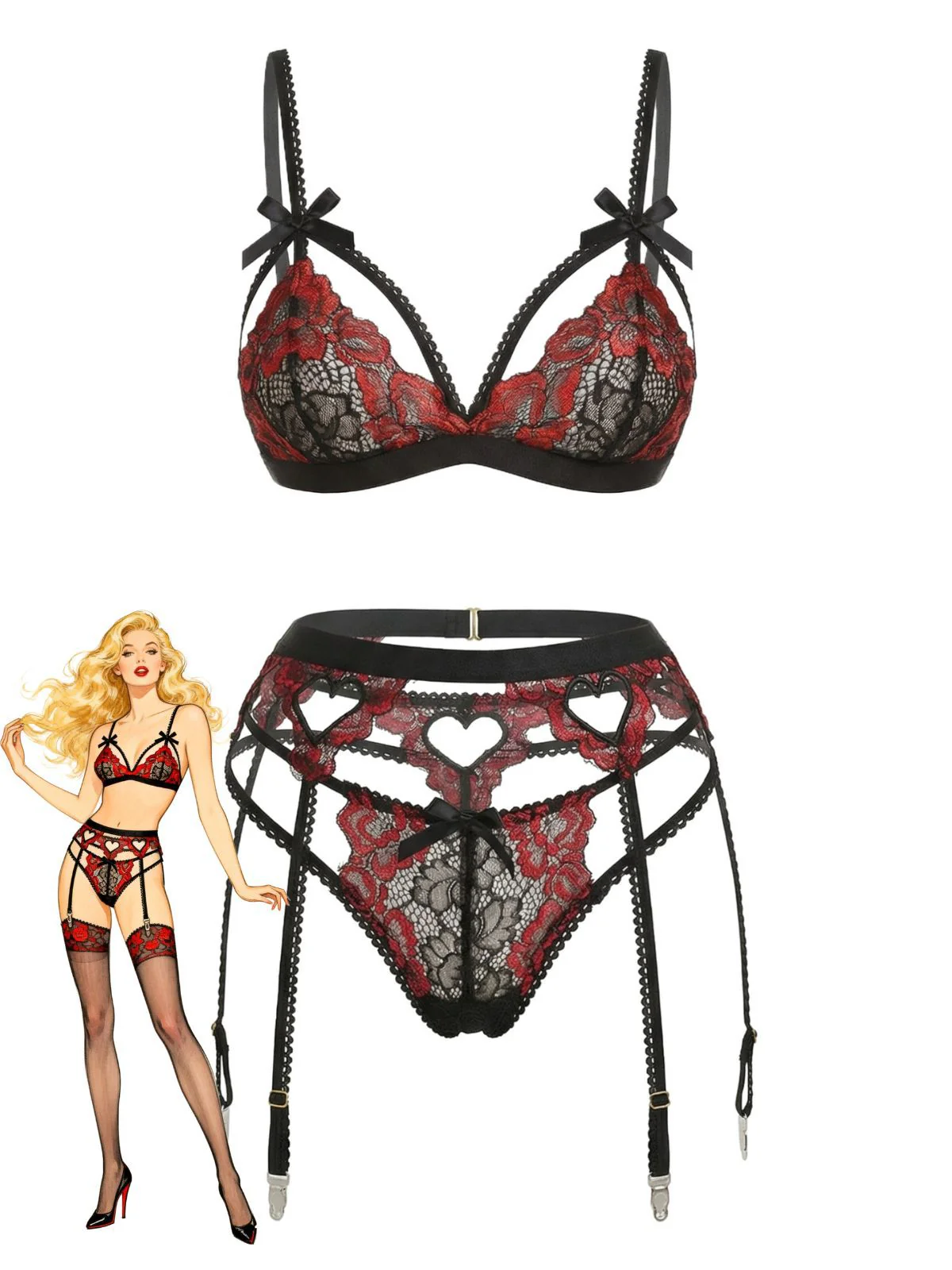 1960s Black Lace Heart Design Lingerie Set - Image 4