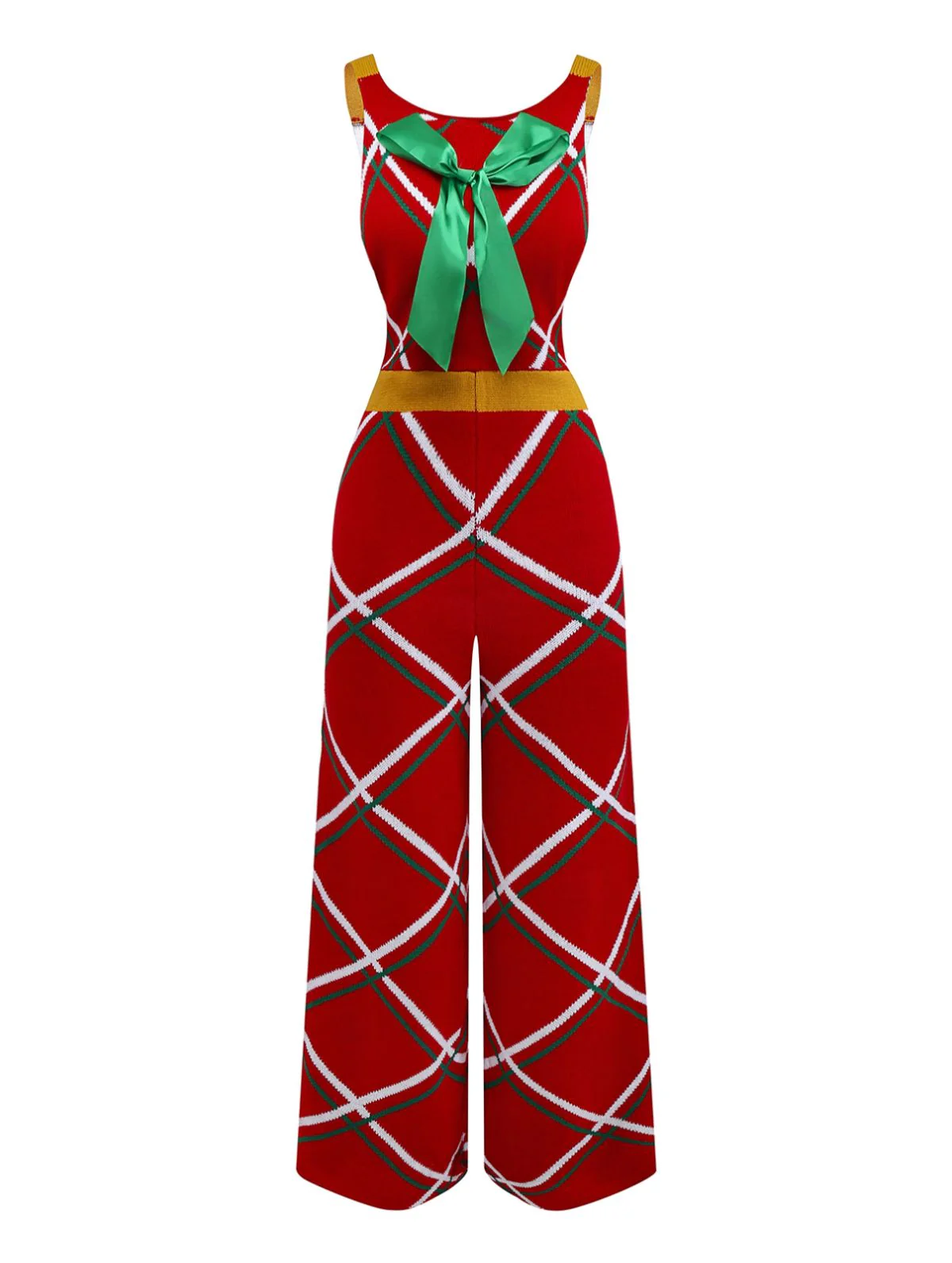 1960s Bow Christmas Plaid Patchwork Jumpsuit - Image 2