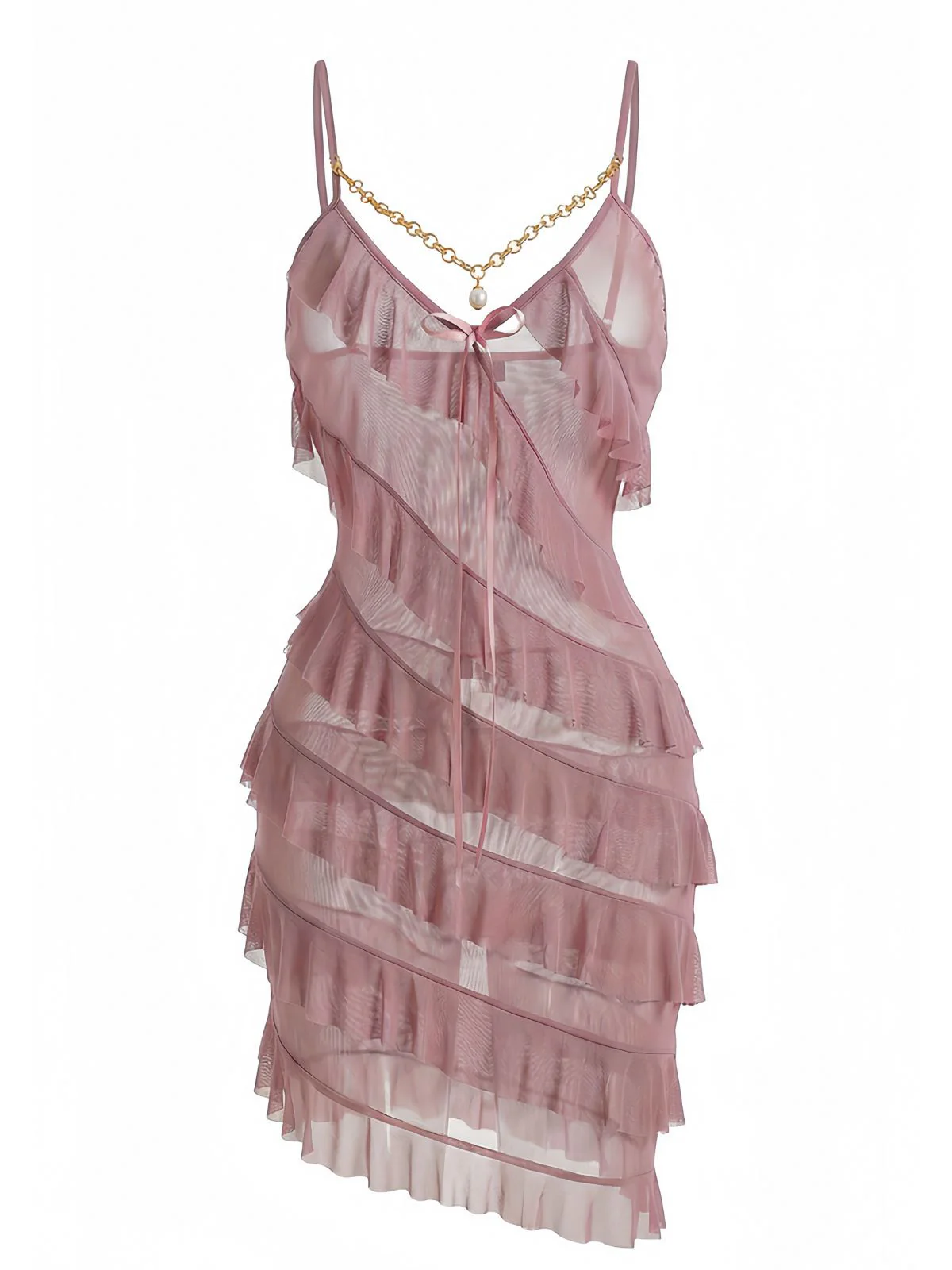 1960s Chain Pearl Ruffled Spaghetti Strap Nightgown - Image 2