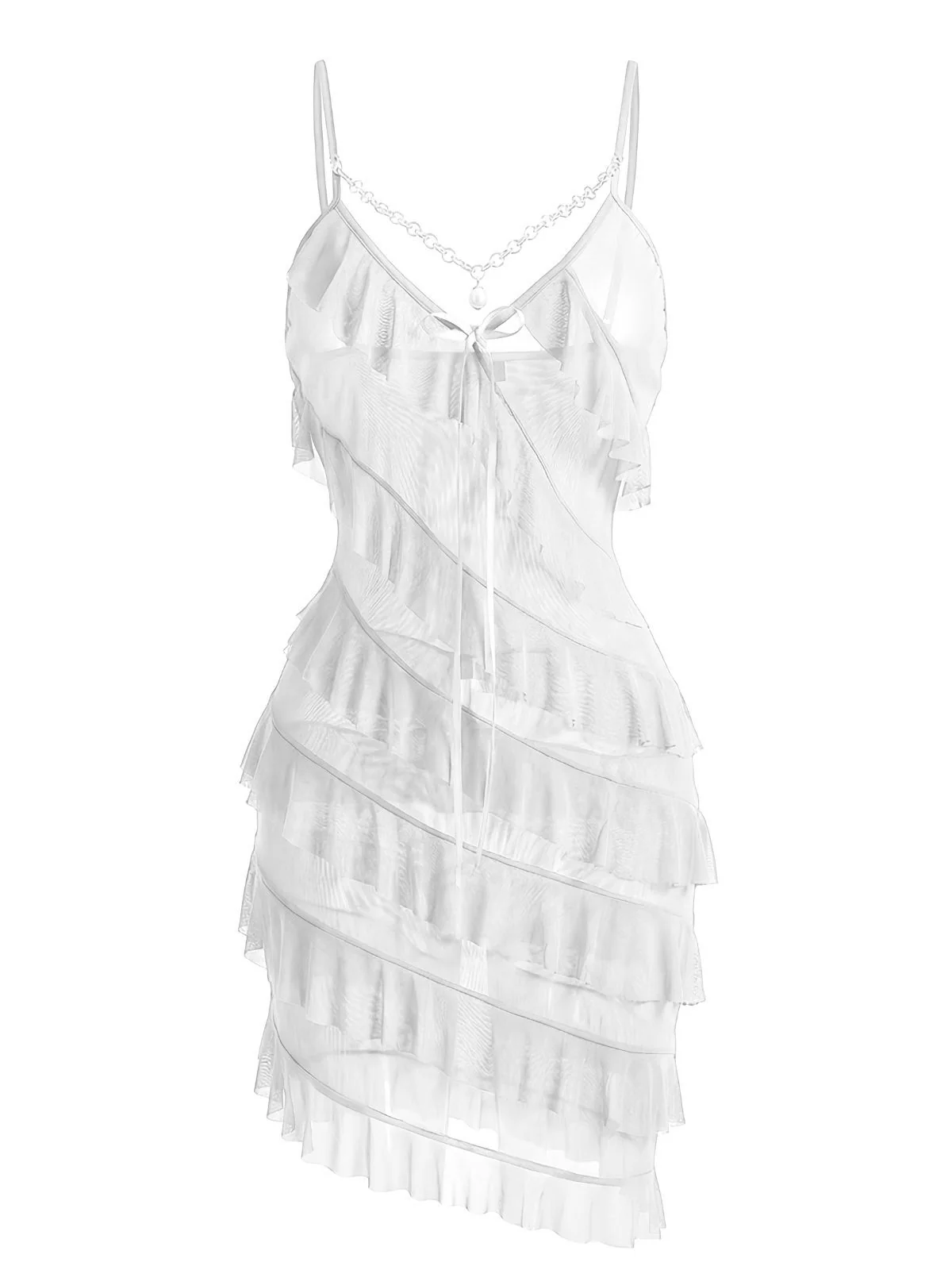 1960s Chain Pearl Ruffled Spaghetti Strap Nightgown - Image 5