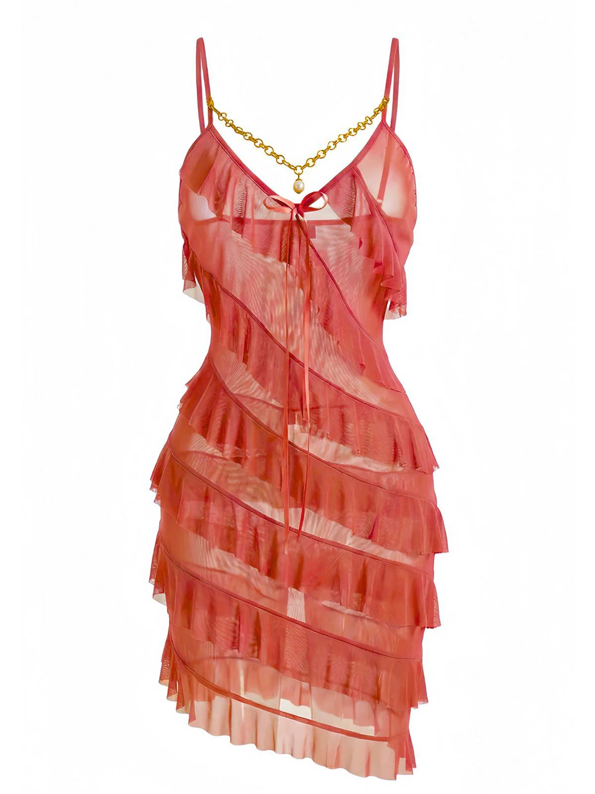 1960s Chain Pearl Ruffled Spaghetti Strap Nightgown - Image 8