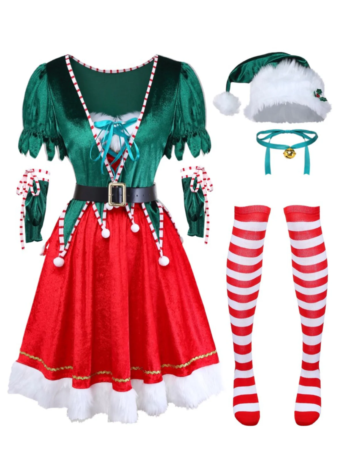 1960s Christmas Green V-Neck Top & Red Fur Trimmed Skirt - Image 2