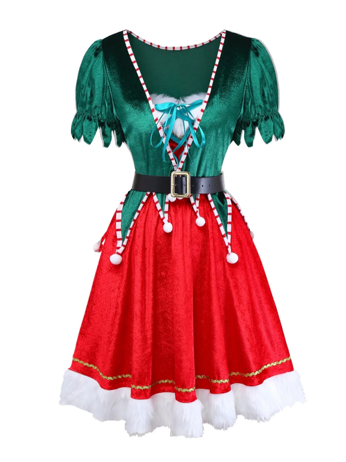 1960s Christmas Green V-Neck Top & Red Fur Trimmed Skirt - Image 3