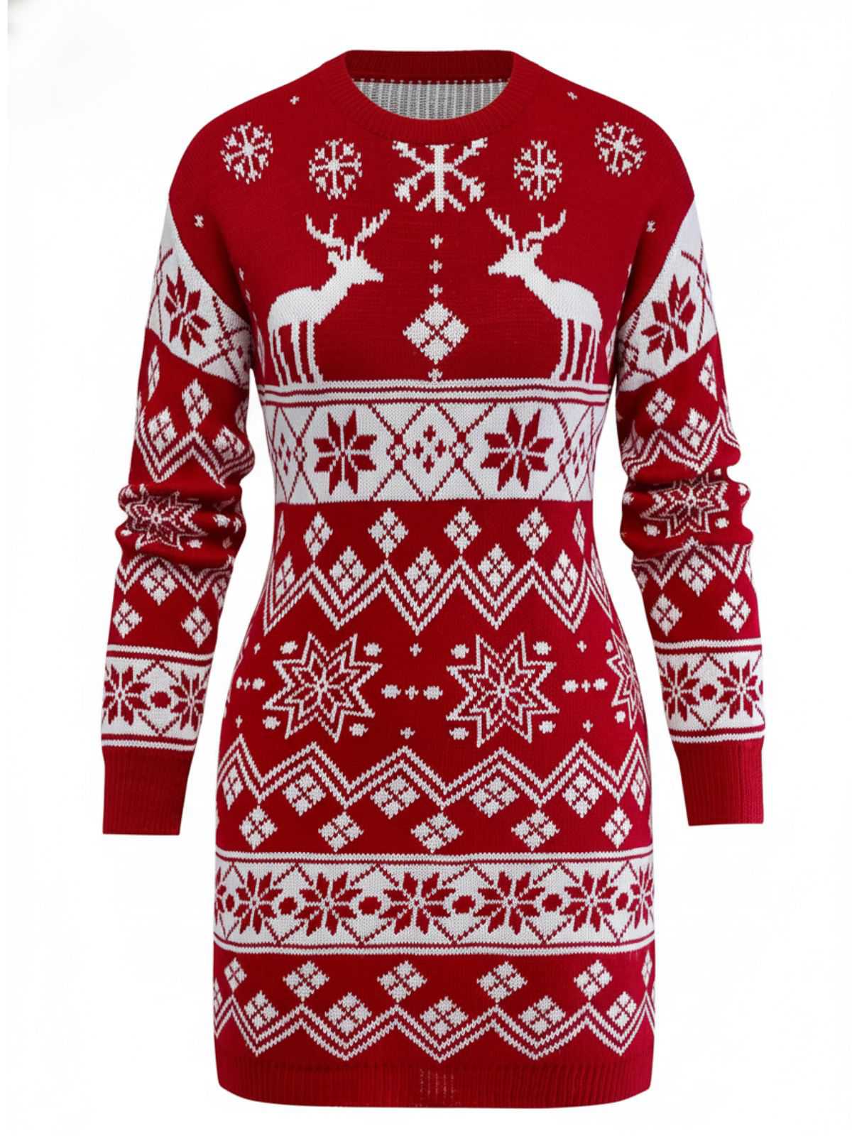 1960s Christmas Reindeer Snowflake Jacquard Knit Dress - Image 2