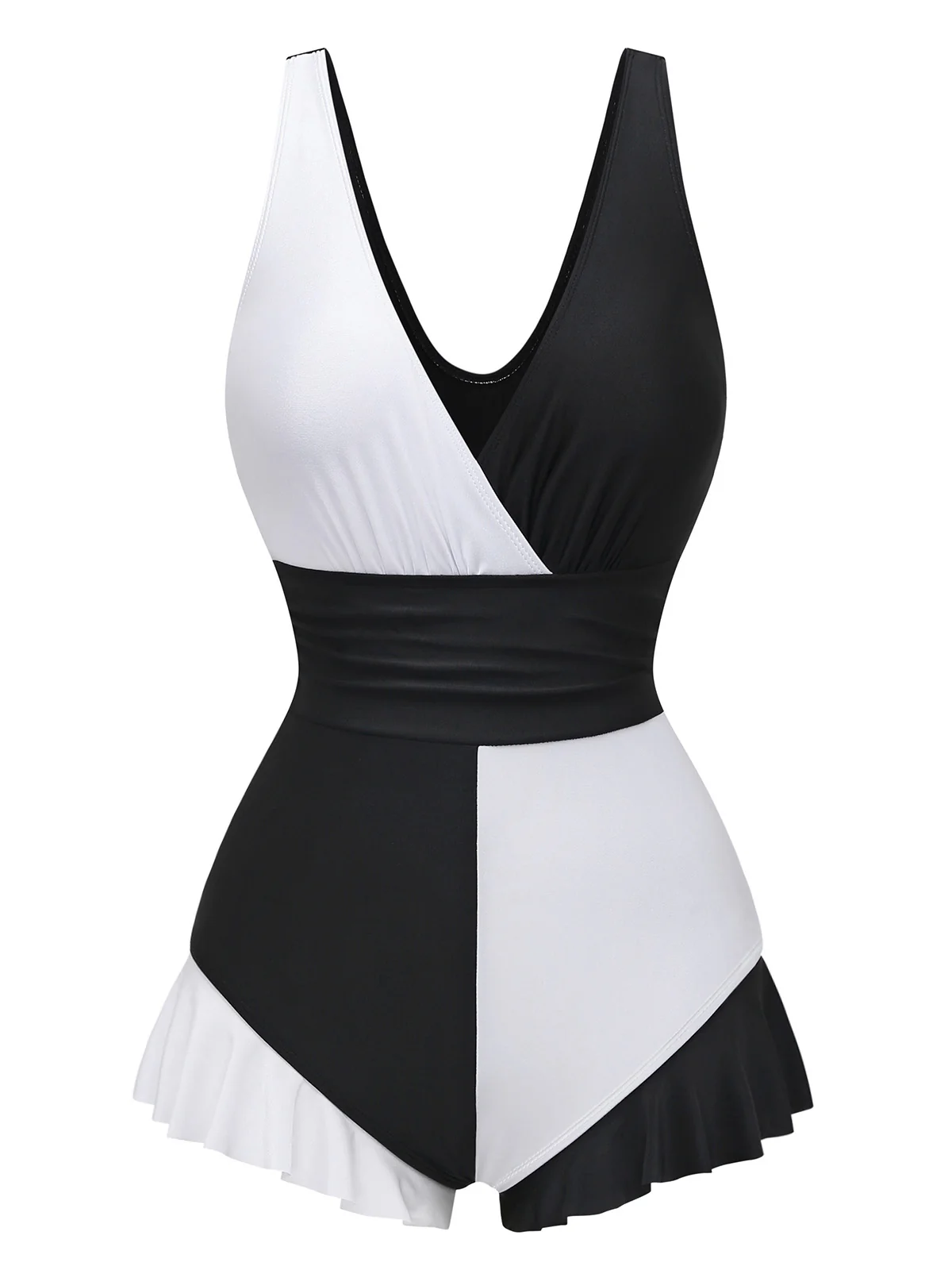 1960s Color Block Ruffle One Piece Swimsuit - Image 2