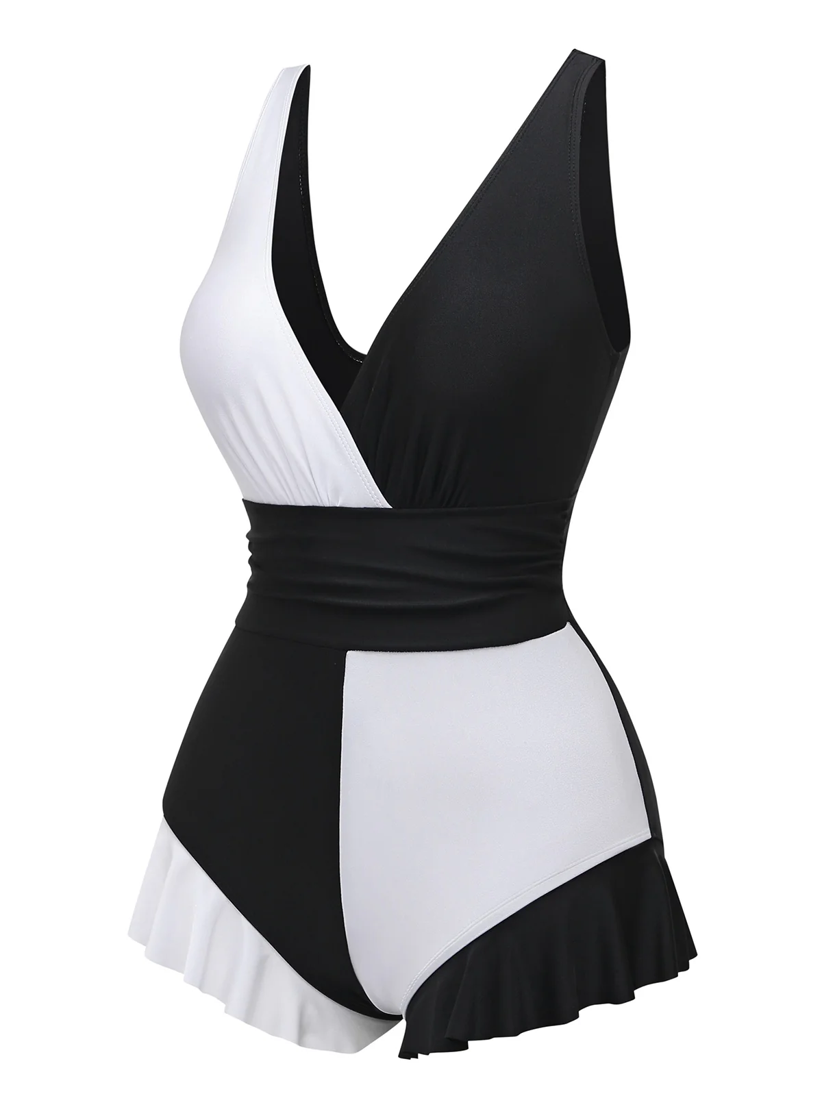 1960s Color Block Ruffle One Piece Swimsuit - Image 3